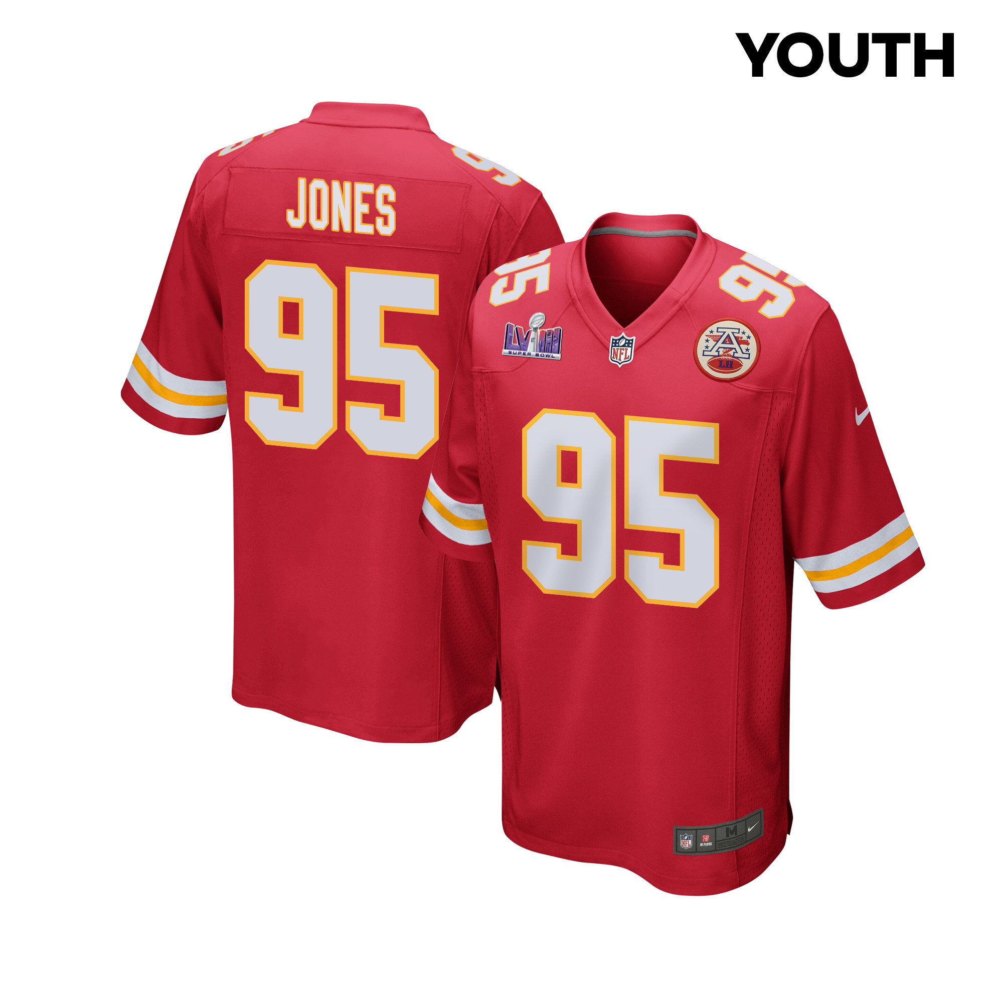 Chris Jones 95 Kansas City Chiefs Super Bowl LVIII Patch Game YOUTH Jersey - Red JS8176 nicesnker