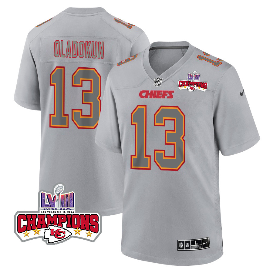 Chris Oladokun 13 Kansas City Chiefs Super Bowl LVIII Champions 4 Stars Patch Atmosphere Fashion Game Men Jersey - Gray JS6103 nicesnker