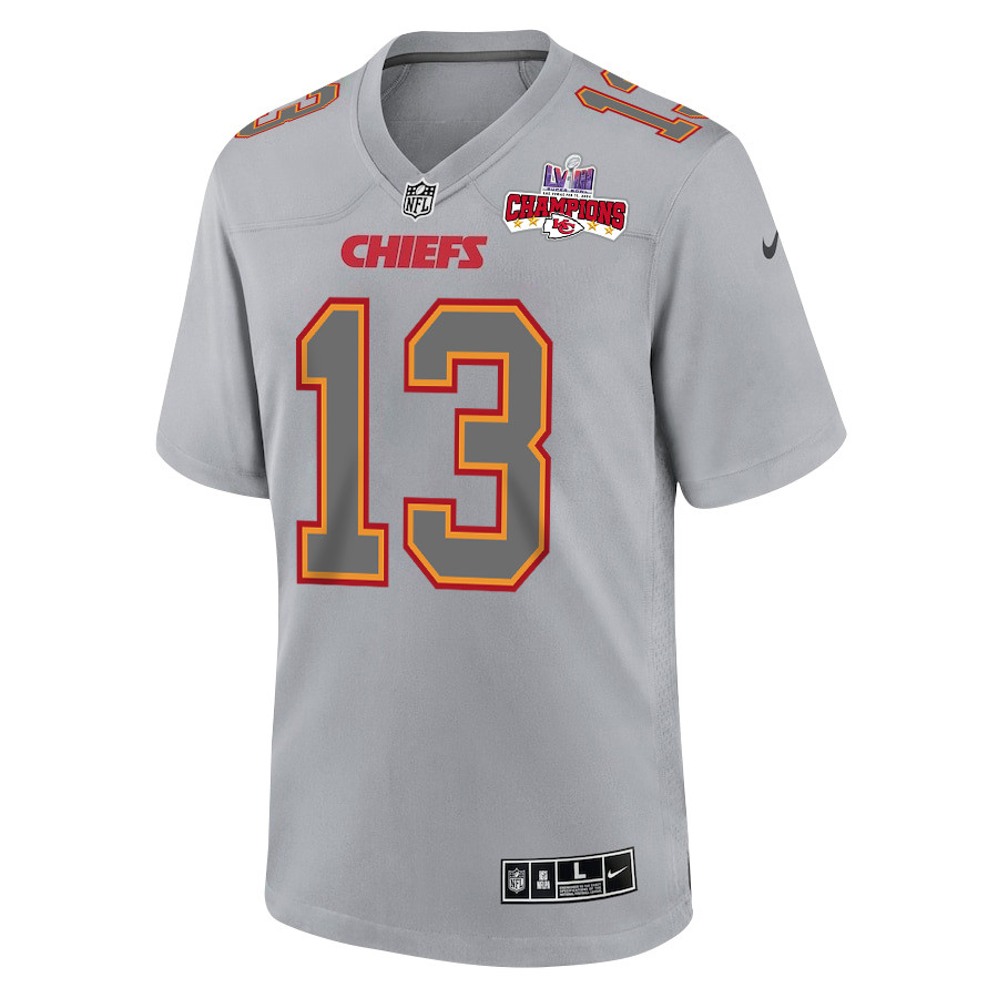Alternative view of Chris Oladokun 13 Kansas City Chiefs Super Bowl LVIII Champions 4 Stars Patch Atmosphere Fashion Game Men Jersey - Gray JS6103 nicesnker