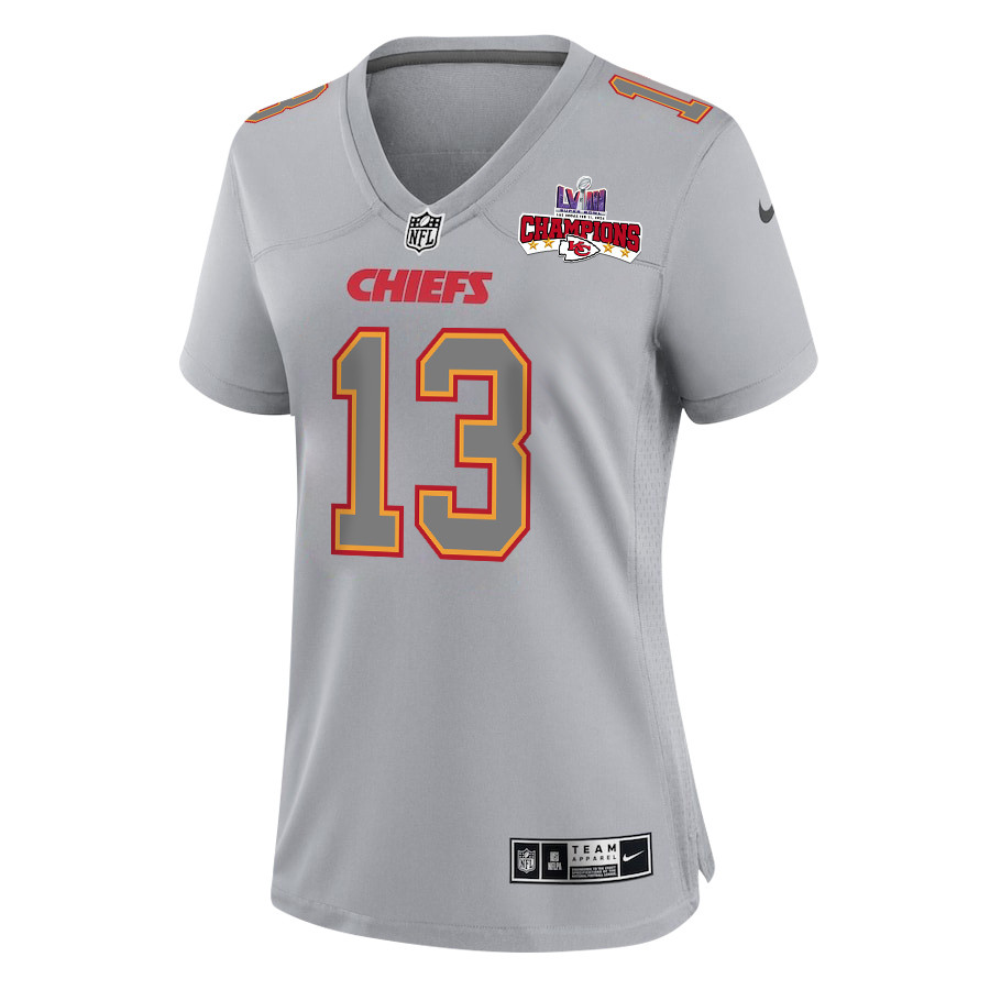 Alternative view of Chris Oladokun 13 Kansas City Chiefs Super Bowl LVIII Champions 4 Stars Patch Atmosphere Fashion Game Women Jersey - Gray JS8759 nicesnker