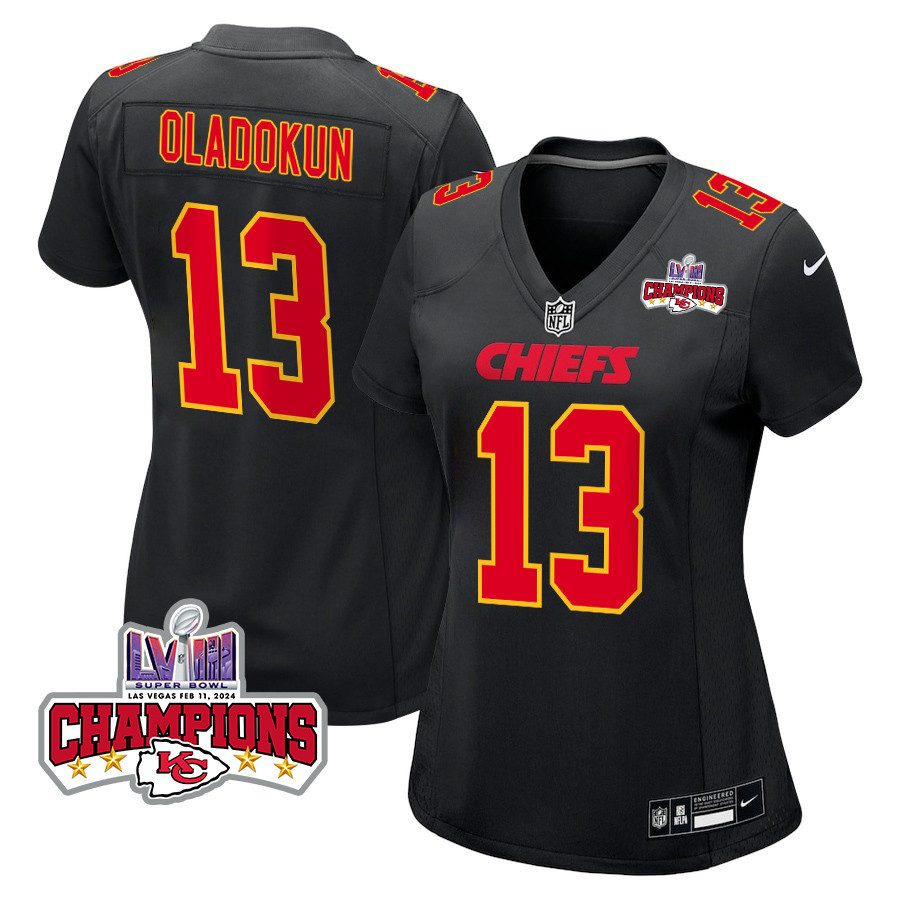 Chris Oladokun 13 Kansas City Chiefs Super Bowl LVIII Champions 4 Stars Patch Fashion Game Women Jersey - Carbon Black JS2898 nicesnker