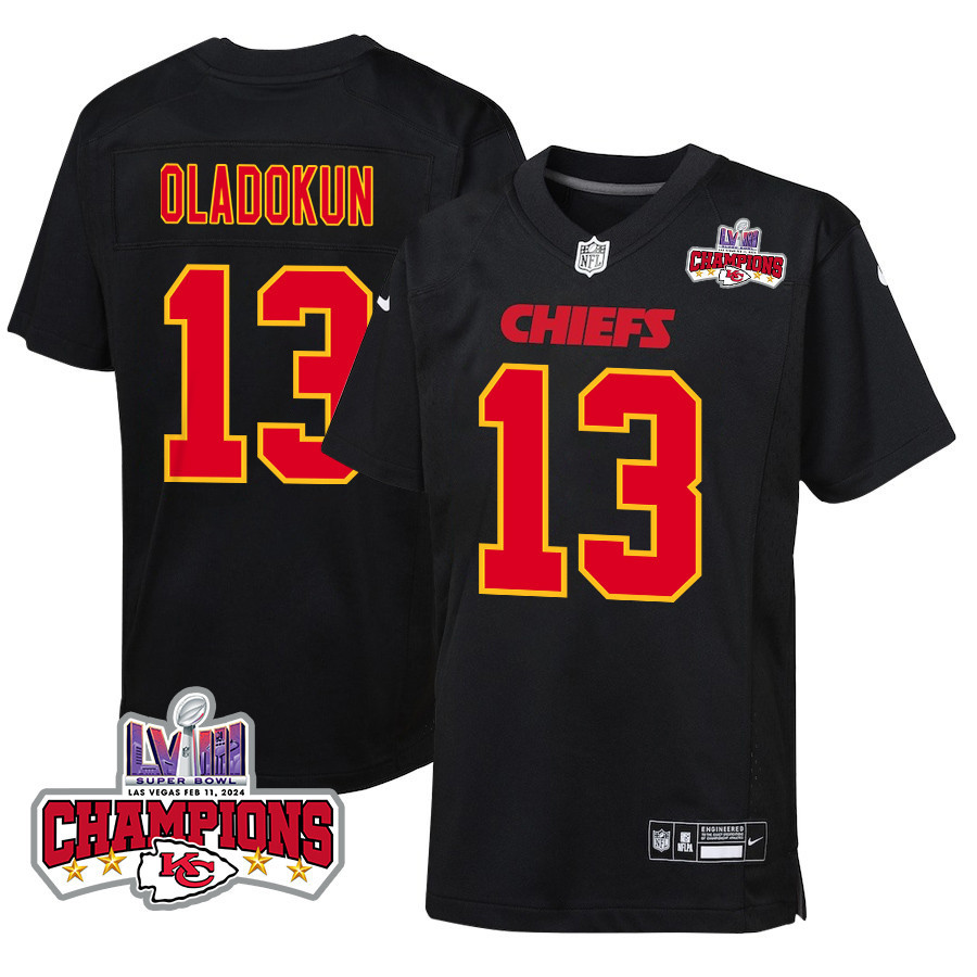 Chris Oladokun 13 Kansas City Chiefs Super Bowl LVIII Champions 4 Stars Patch Fashion Game YOUTH Jersey - Carbon Black JS9460 nicesnker