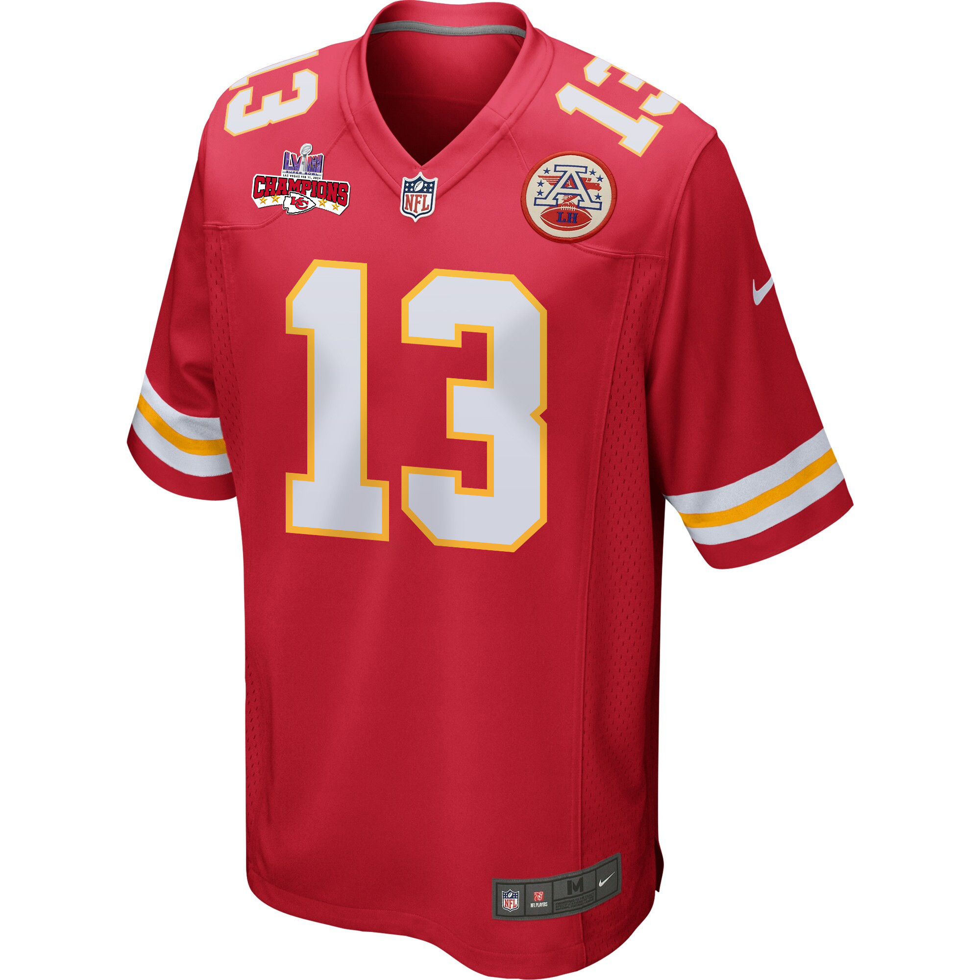 Alternative view of Chris Oladokun 13 Kansas City Chiefs Super Bowl LVIII Champions 4 Stars Patch Game Men Jersey - Red JS9586 nicesnker