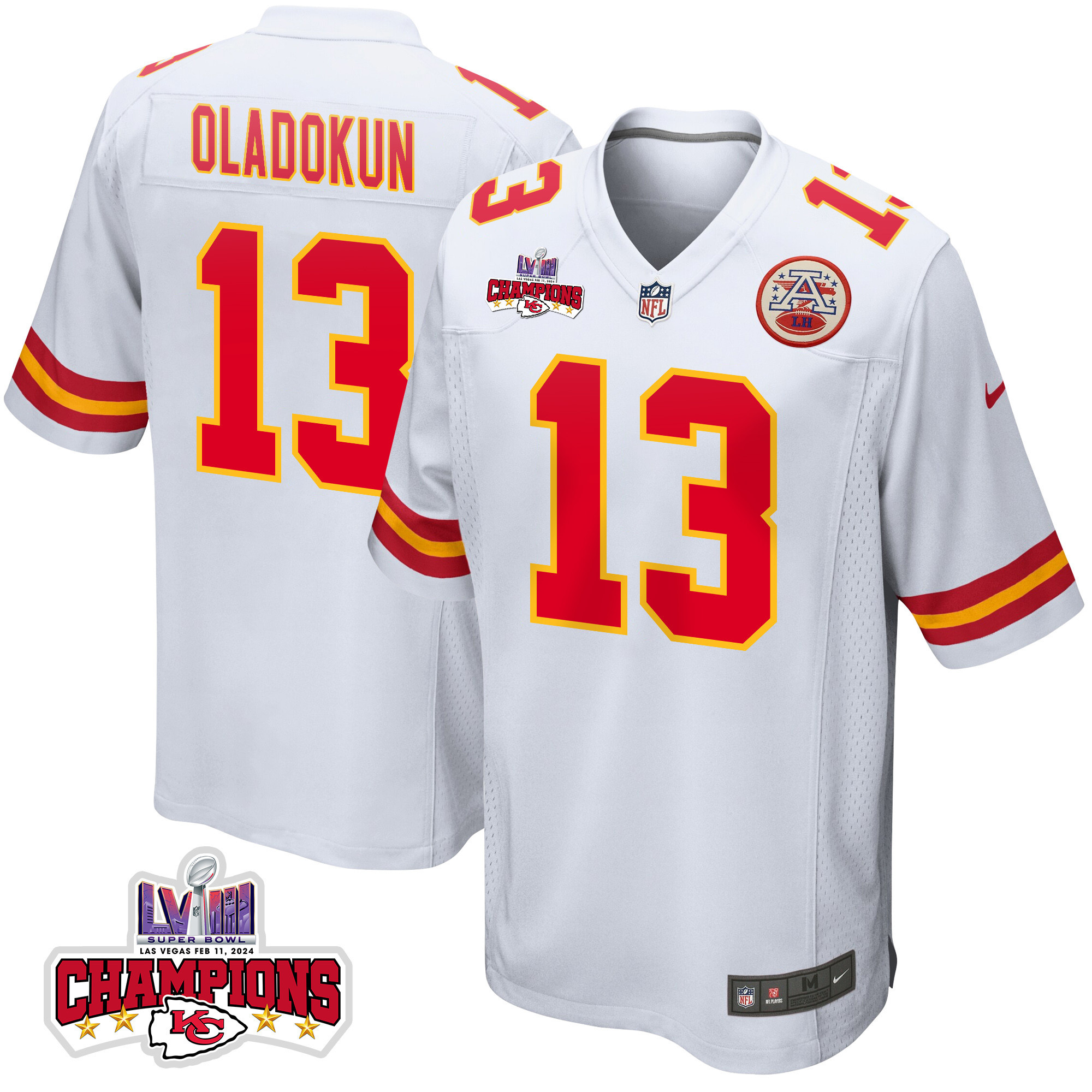 Chris Oladokun 13 Kansas City Chiefs Super Bowl LVIII Champions 4 Stars Patch Game Men Jersey - White JS3366 nicesnker