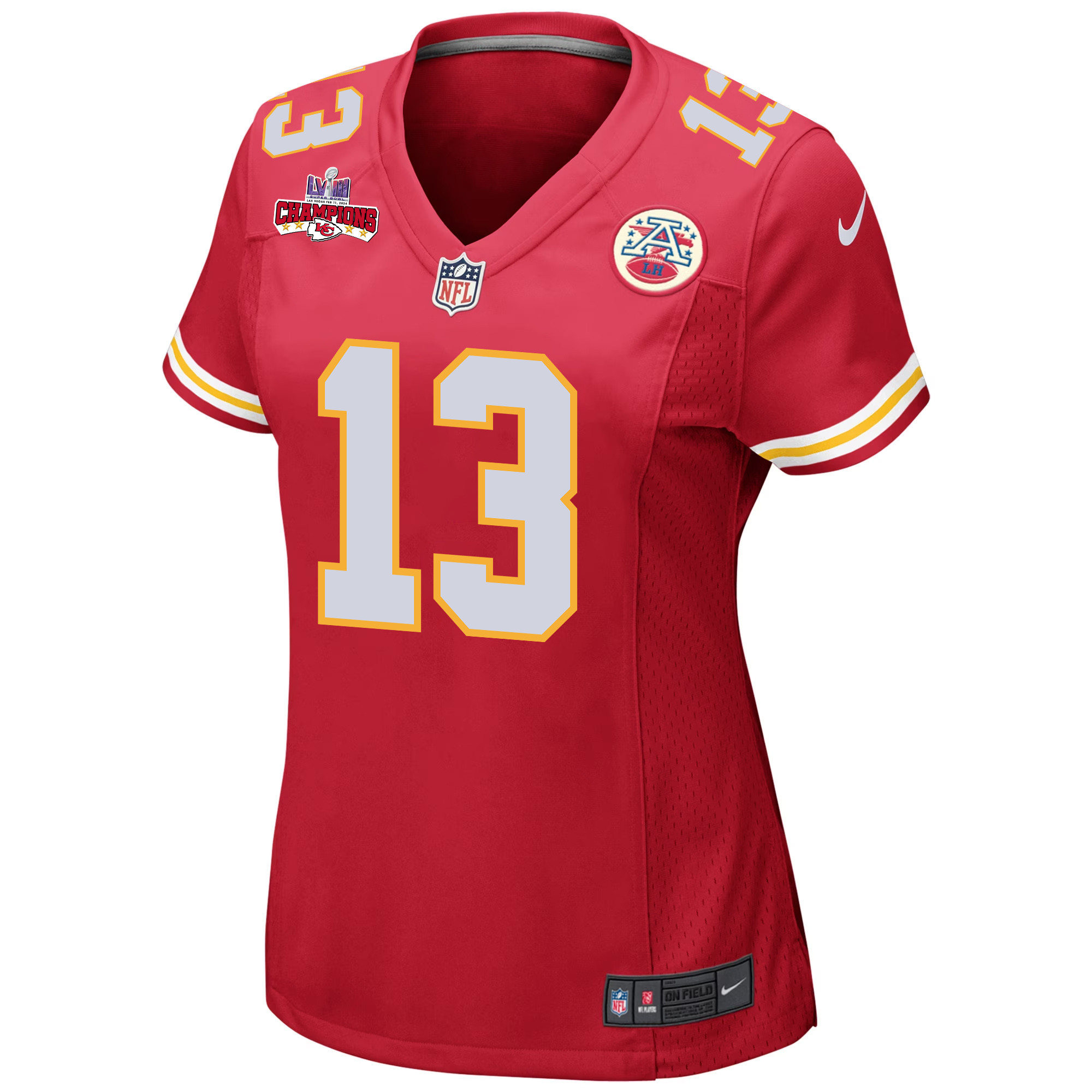 Alternative view of Chris Oladokun 13 Kansas City Chiefs Super Bowl LVIII Champions 4 Stars Patch Game Women Jersey - Red JS7544 nicesnker