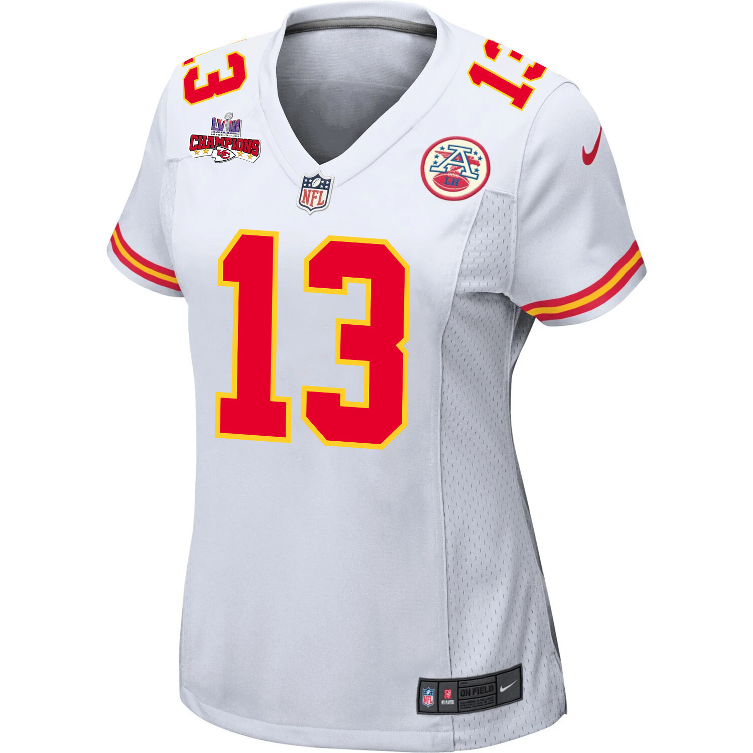 Alternative view of Chris Oladokun 13 Kansas City Chiefs Super Bowl LVIII Champions 4 Stars Patch Game Women Jersey - White JS5747 nicesnker