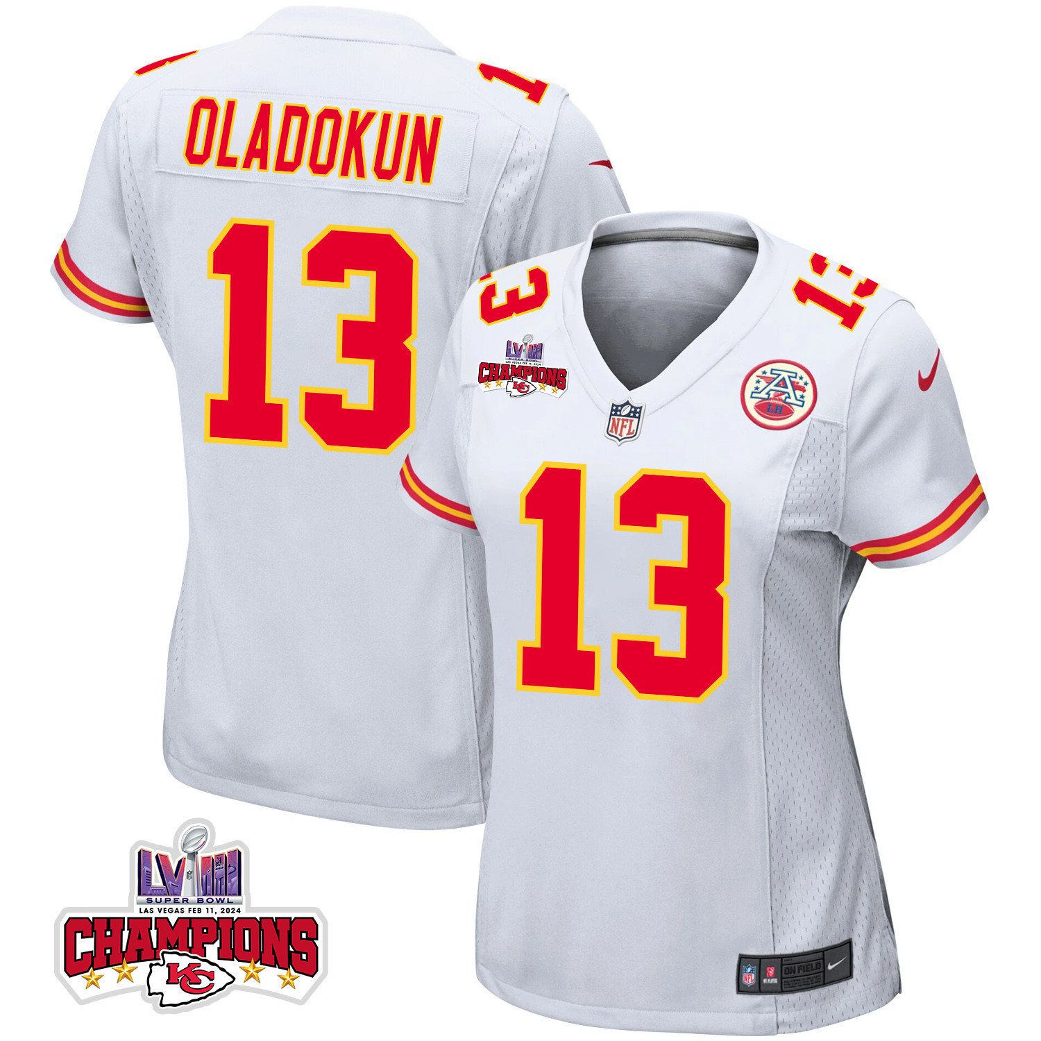 Chris Oladokun 13 Kansas City Chiefs Super Bowl LVIII Champions 4 Stars Patch Game Women Jersey - White JS5747 nicesnker