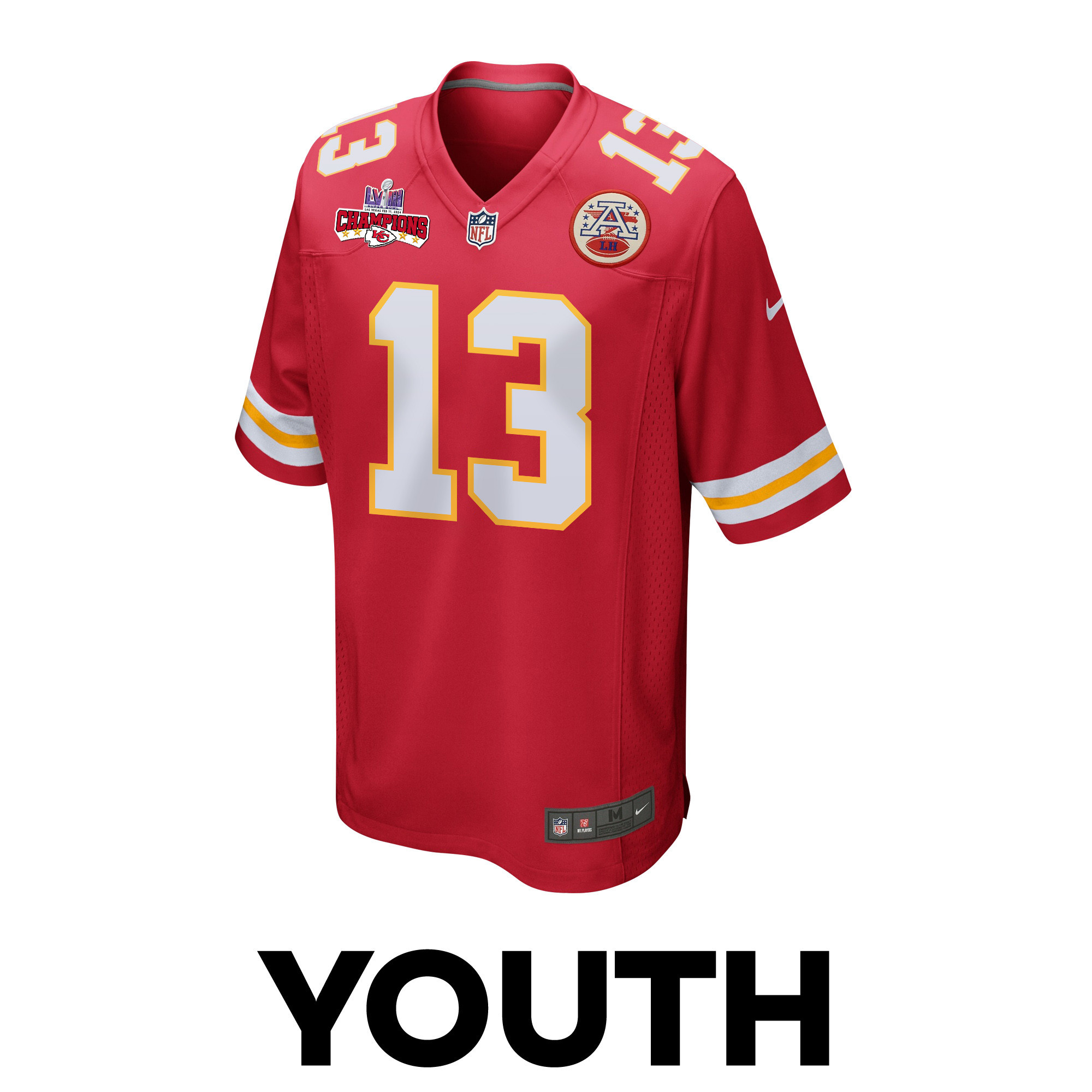 Alternative view of Chris Oladokun 13 Kansas City Chiefs Super Bowl LVIII Champions 4 Stars Patch Game YOUTH Jersey - Red JS7327 nicesnker