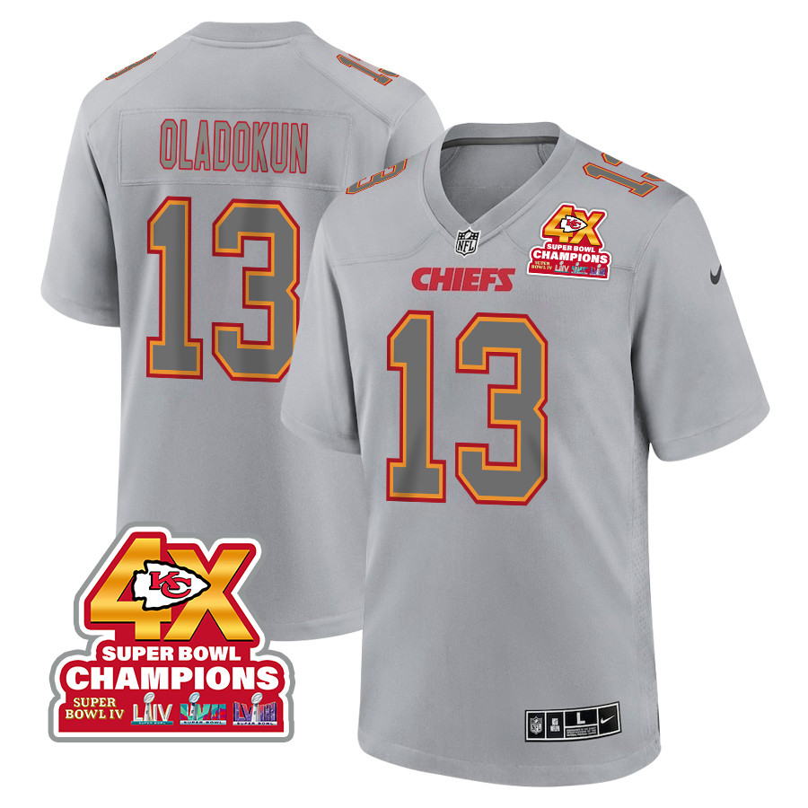 Chris Oladokun 13 Kansas City Chiefs Super Bowl LVIII Champions 4X Atmosphere Fashion Game Men Jersey - Gray JS9436 nicesnker