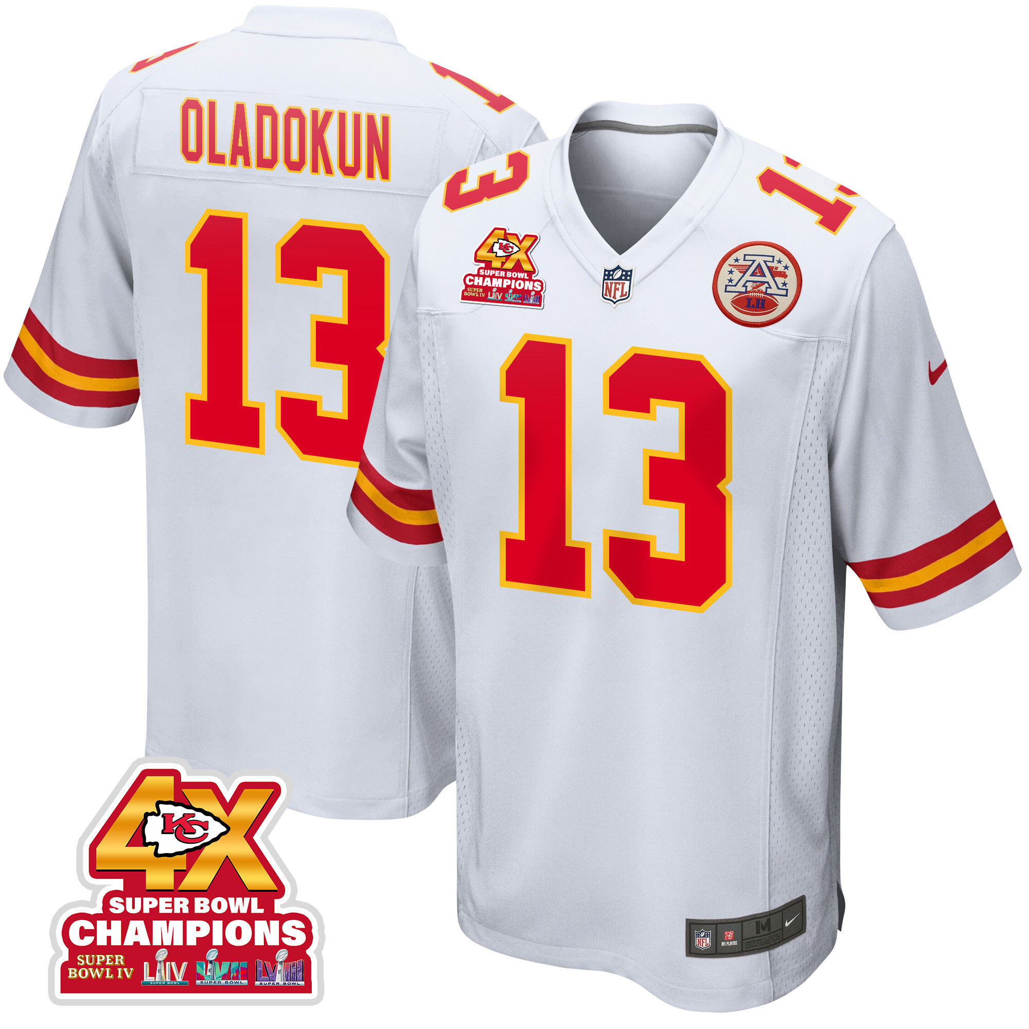 Chris Oladokun 13 Kansas City Chiefs Super Bowl LVIII Champions 4X Game Men Jersey - White JS1524 nicesnker