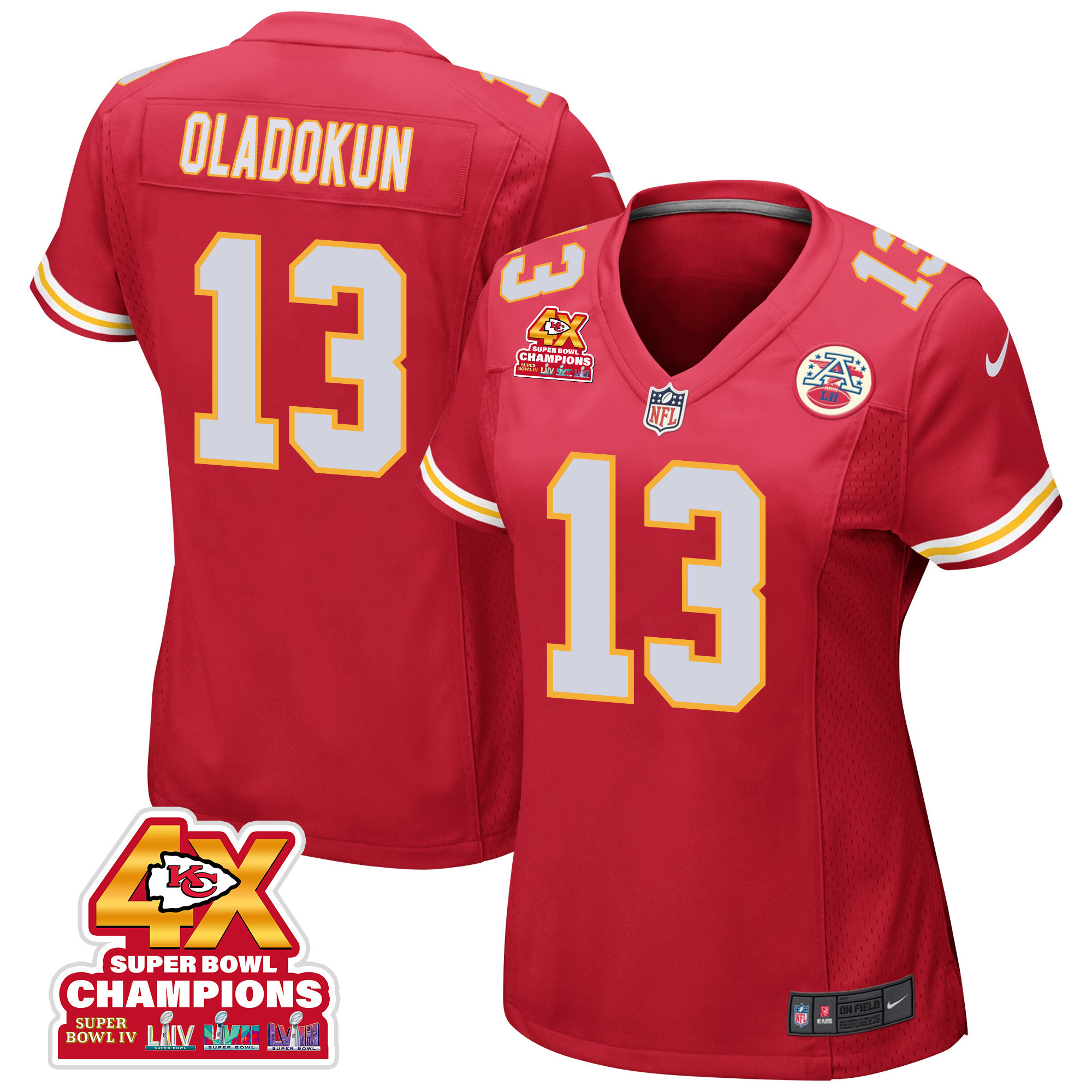 Chris Oladokun 13 Kansas City Chiefs Super Bowl LVIII Champions 4X Game Women Jersey - Red JS2264 nicesnker
