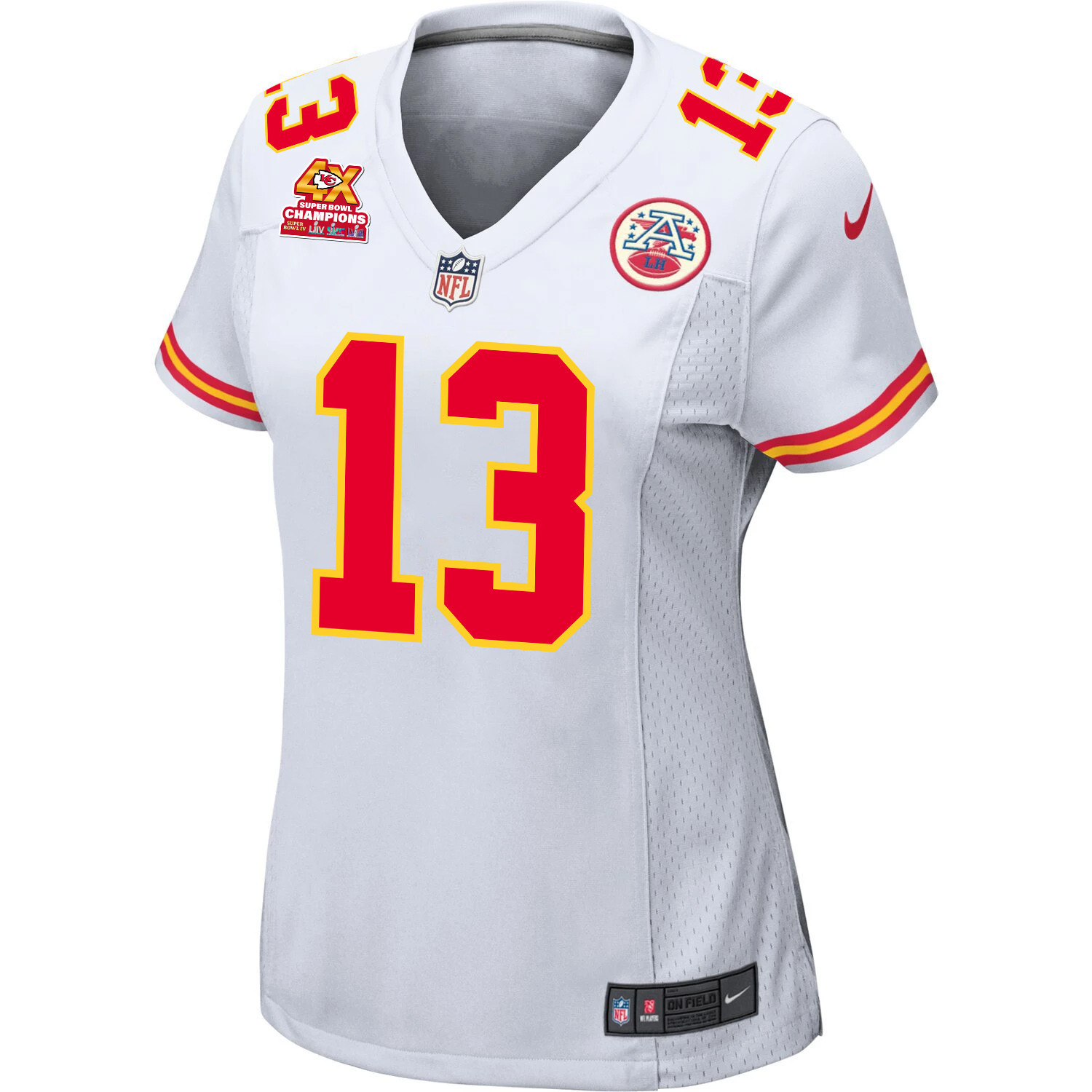 Alternative view of Chris Oladokun 13 Kansas City Chiefs Super Bowl LVIII Champions 4X Game Women Jersey - White JS6348 nicesnker