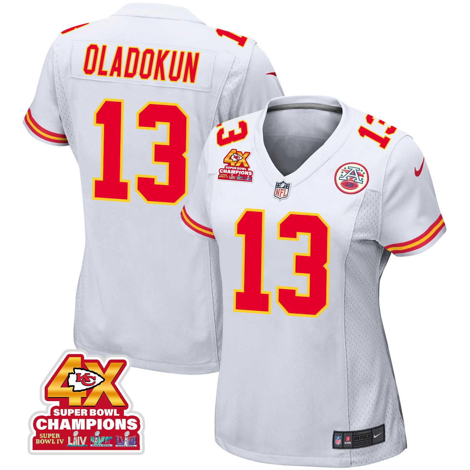 Chris Oladokun 13 Kansas City Chiefs Super Bowl LVIII Champions 4X Game Women Jersey - White JS6348 nicesnker