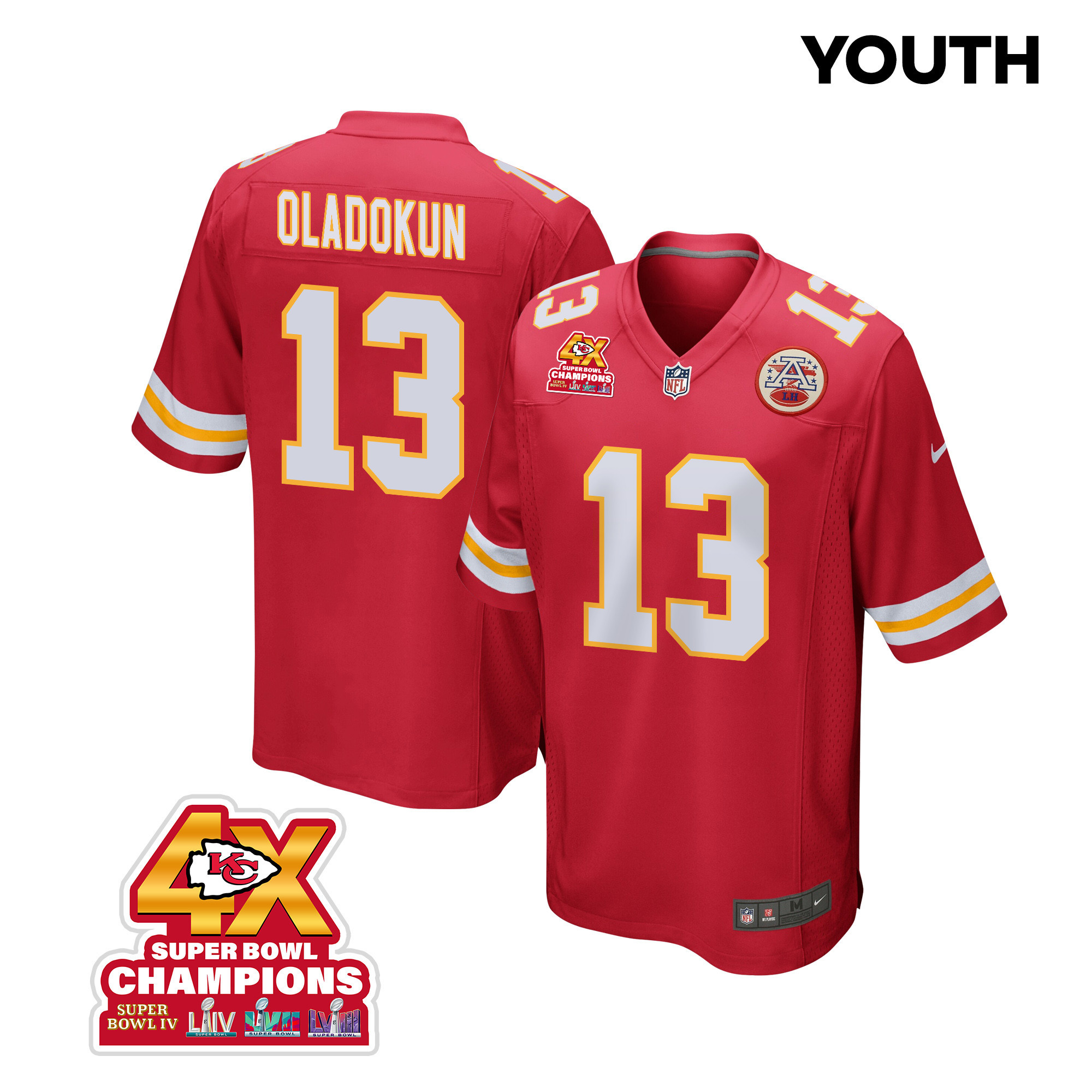 Chris Oladokun 13 Kansas City Chiefs Super Bowl LVIII Champions 4X Game YOUTH Jersey - Red JS2100 nicesnker