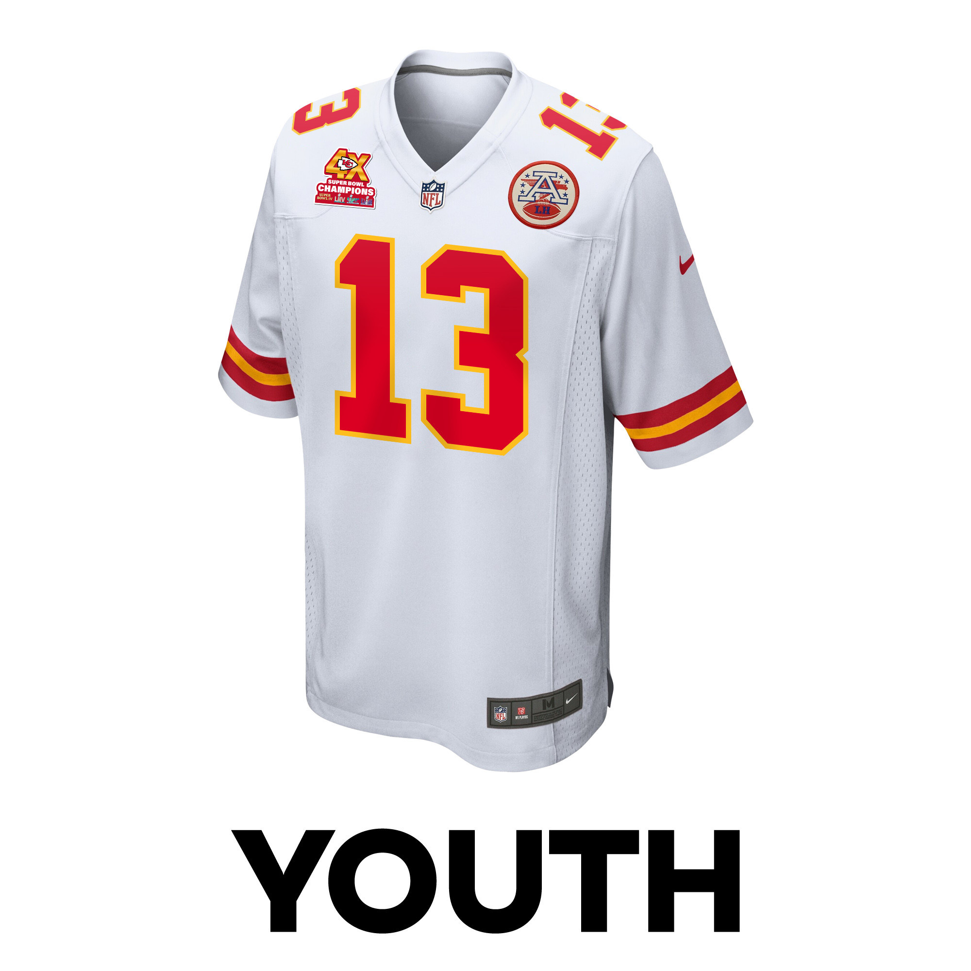 Alternative view of Chris Oladokun 13 Kansas City Chiefs Super Bowl LVIII Champions 4X Game YOUTH Jersey - White JS7672 nicesnker