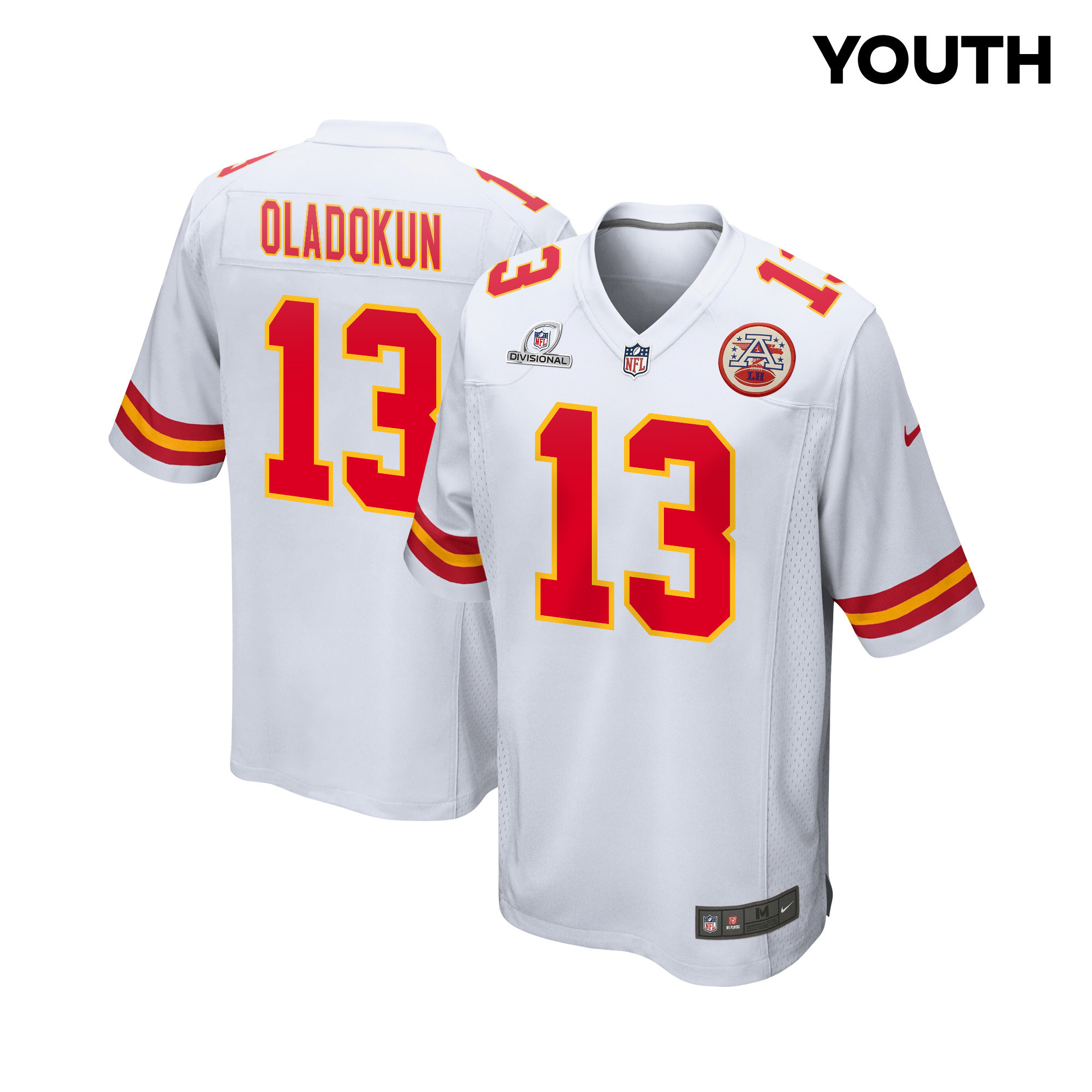 Chris Oladokun 13 Kansas City Chiefs Super Bowl LVIII Patch Game YOUTH Jersey - White JS7582 nicesnker