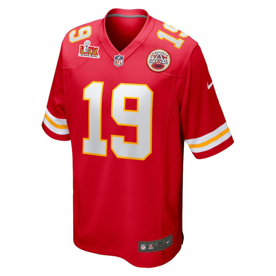 Alternative view of Chris Oladokun #19 Kansas City Chiefs Super Bowl LIX Jersey - Men's - Red JS6739 nicesnker