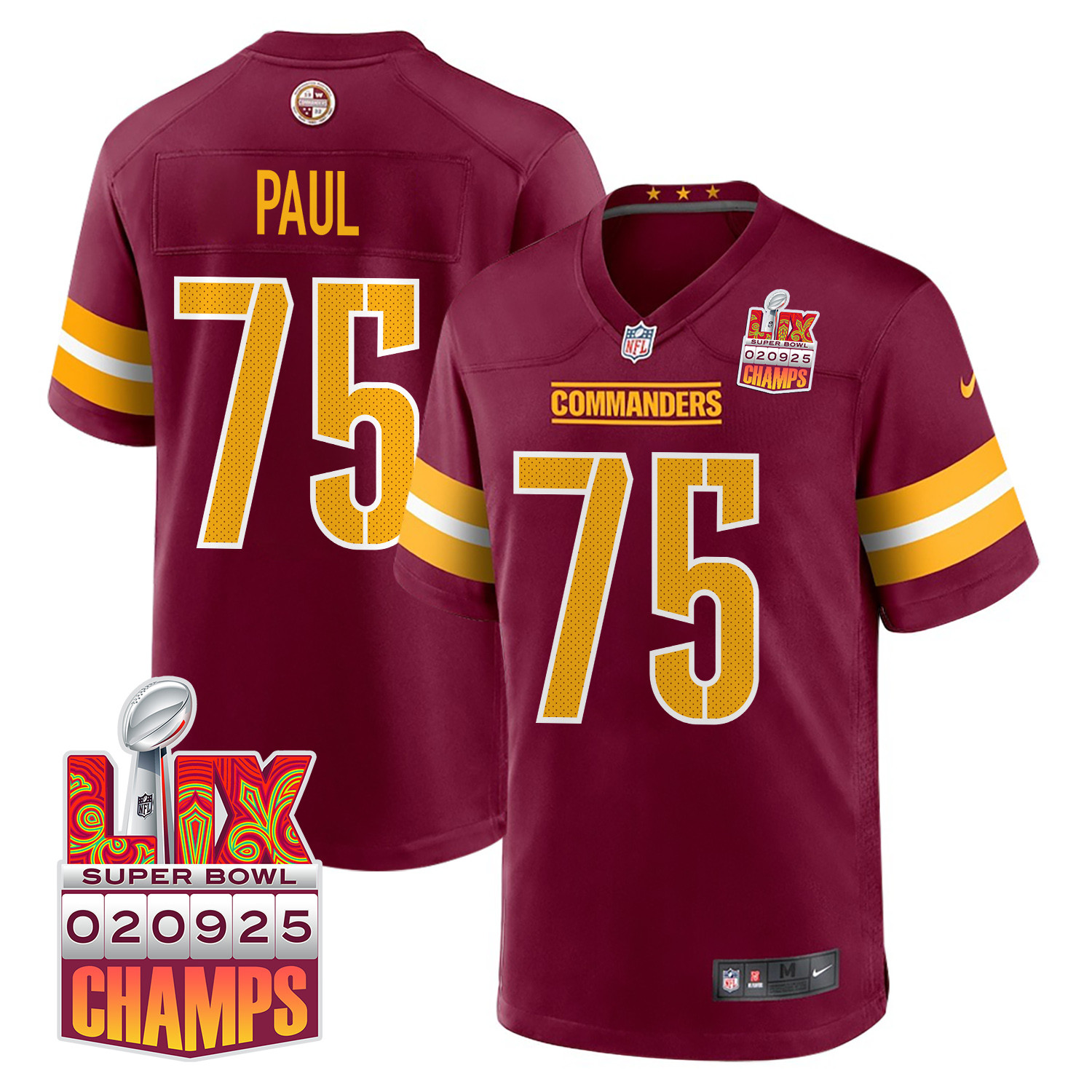 Chris Paul 75 Washington Commanders Super Bowl LIX Champions Patch Game Men Jersey - Burgundy JS9265 nicesnker