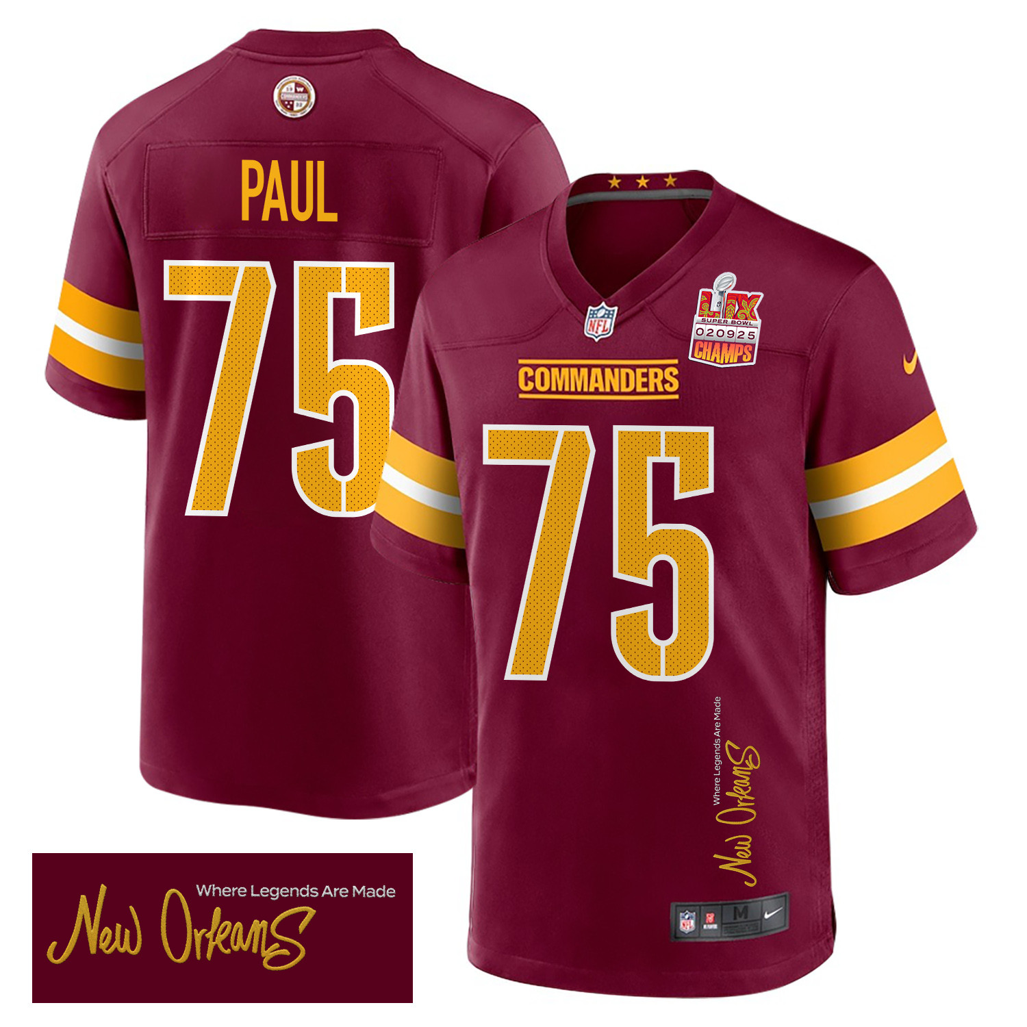 Chris Paul 75 Washington Commanders Super Bowl LIX Champions Patch 'New Orleans - Where Legends Are Made' EMBROIDERED Game Men Jersey - Burgundy JS2051 nicesnker