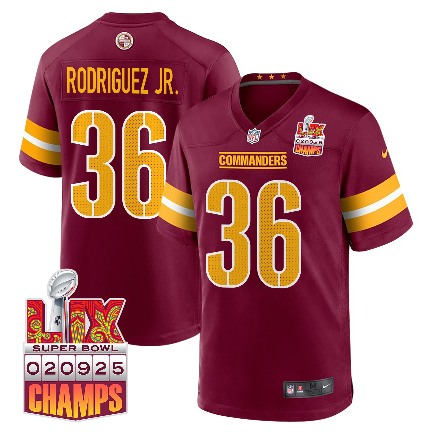 Chris Rodriguez Jr. 36 Washington Commanders Super Bowl LIX Champions Patch Game Men Jersey - Burgundy JS9200 nicesnker