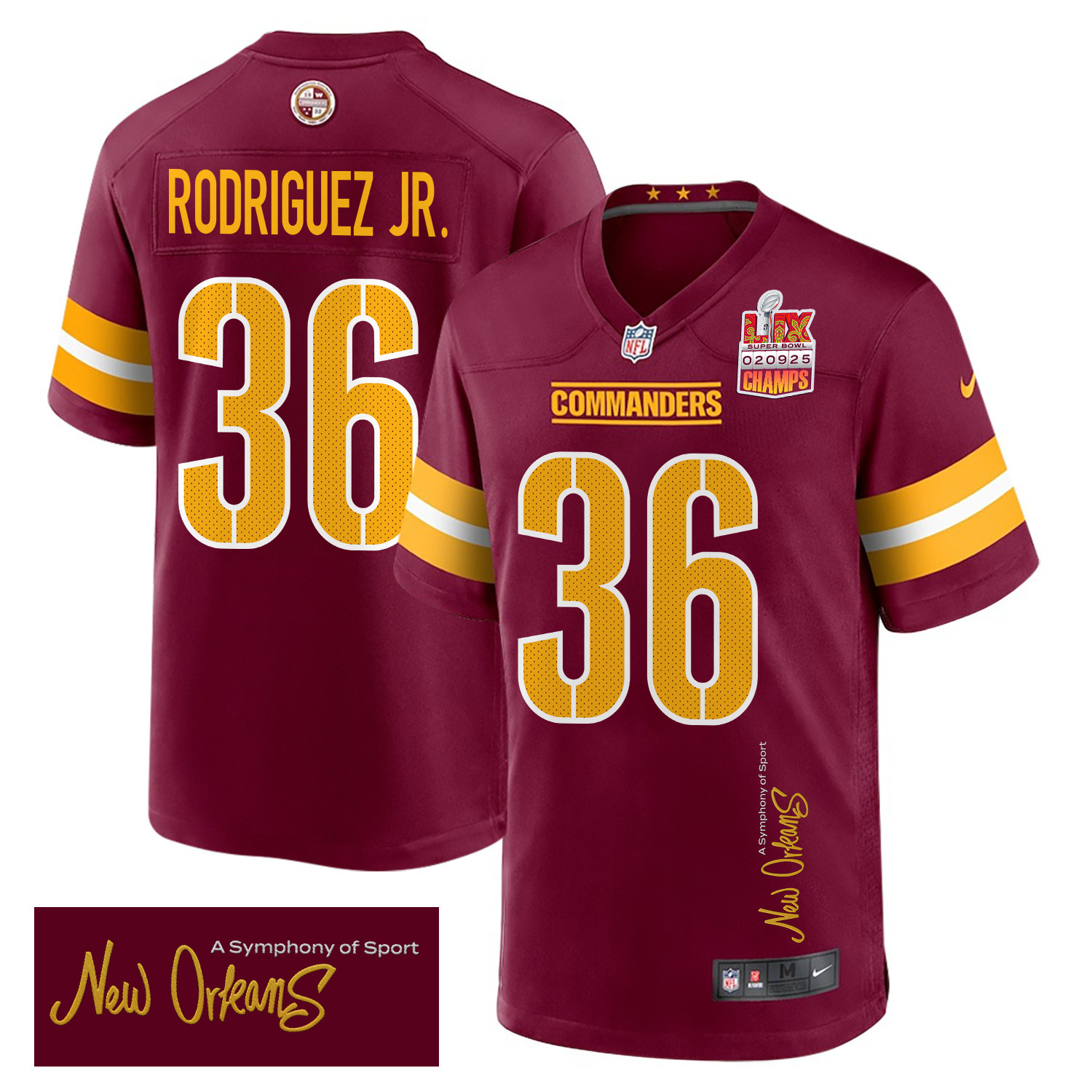 Chris Rodriguez Jr. 36 Washington Commanders Super Bowl LIX Champions Patch 'New Orleans - A Symphony of Sport' EMBROIDERED Game Men Jersey - Burgundy JS2919 nicesnker