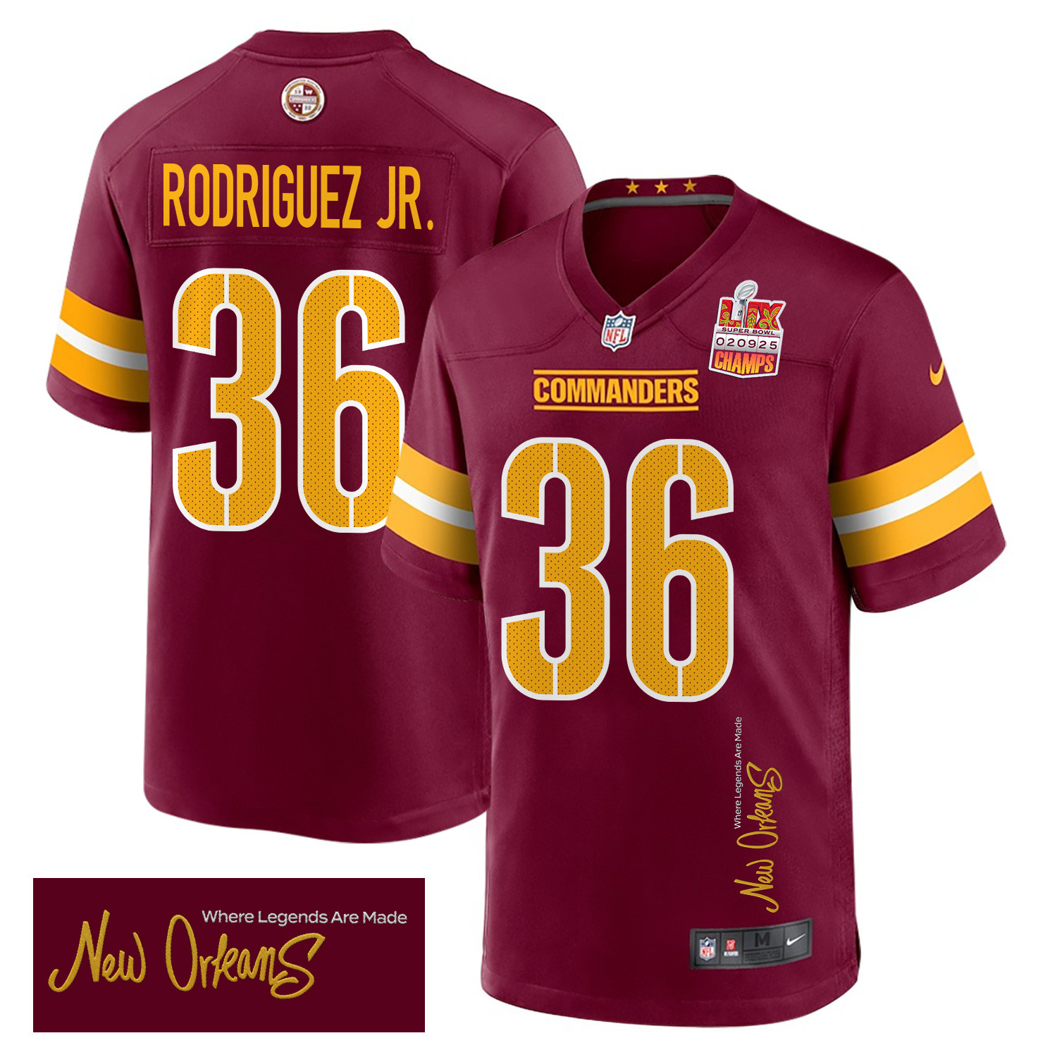 Chris Rodriguez Jr. 36 Washington Commanders Super Bowl LIX Champions Patch 'New Orleans - Where Legends Are Made' EMBROIDERED Game Men Jersey - Burgundy JS6986 nicesnker
