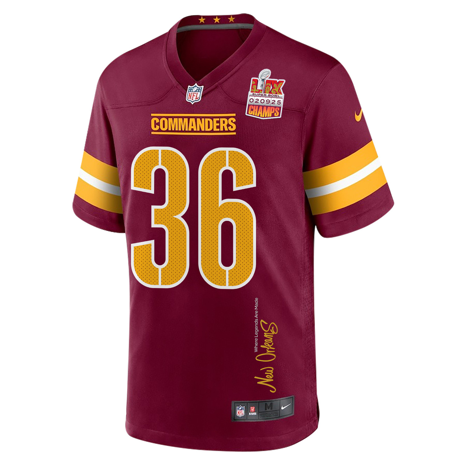 Chris Rodriguez Jr. 36 Washington Commanders Super Bowl LIX Champions Patch 'New Orleans - Where Legends Are Made' EMBROIDERED Game Men Jersey - Burgundy JS6986 nicesnker - Image 3