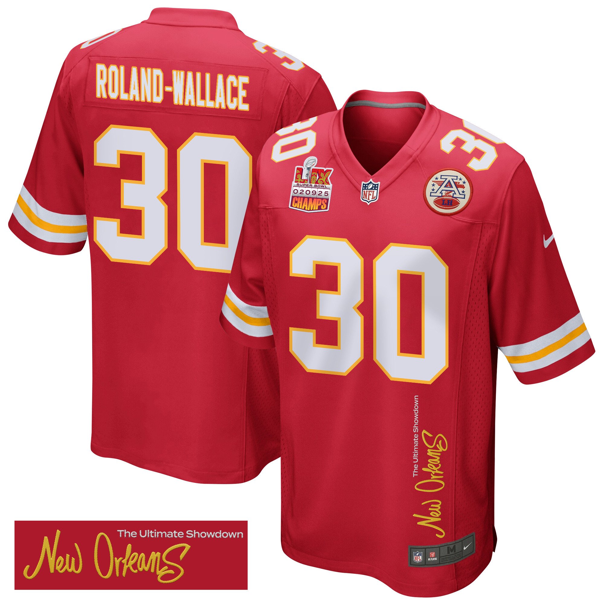 Chris Roland-Wallace 30 Kansas City Chiefs Super Bowl LIX Champions Patch 'New Orleans - The Ultimate Showdown' EMBROIDERED Game Men Jersey - Red JS7008 nicesnker