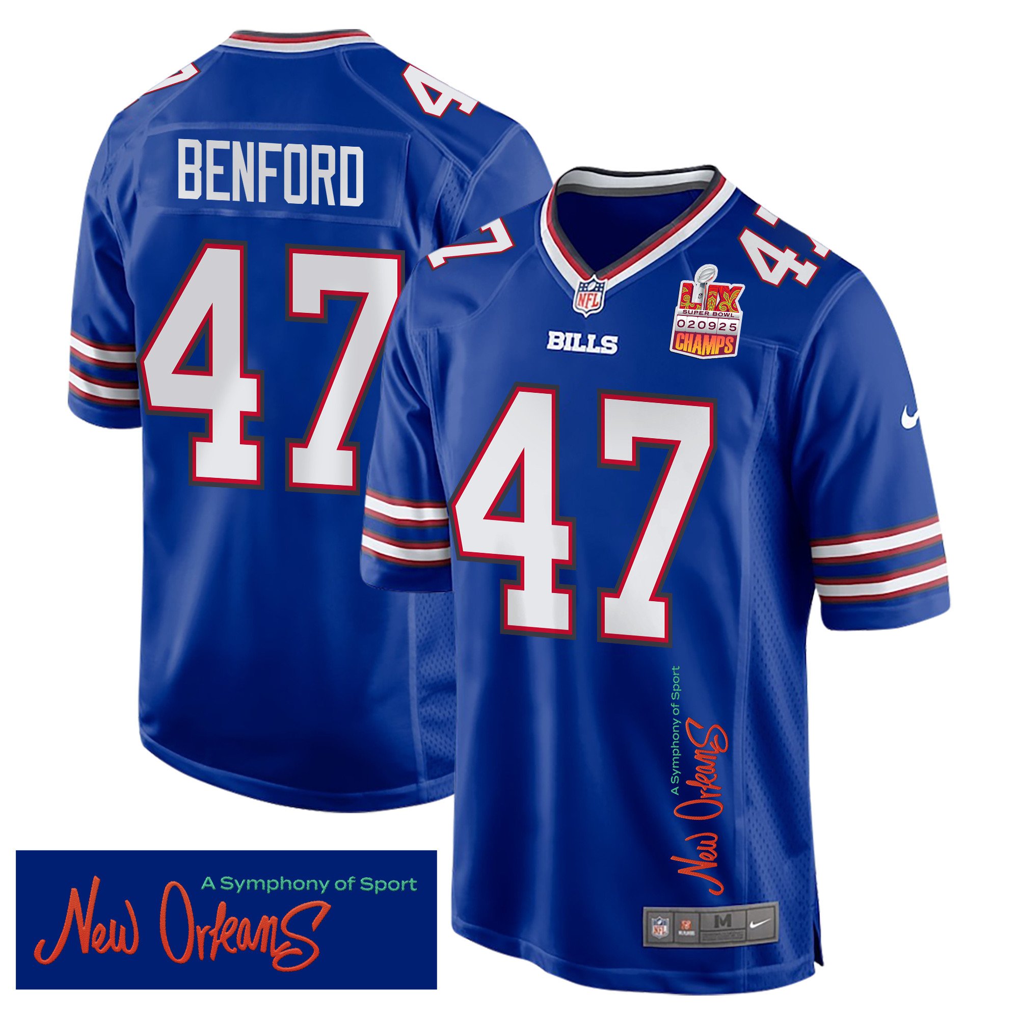 Christian Benford 47 Buffalo Bills Super Bowl LIX Champions Patch 'New Orleans - A Symphony of Sport' EMBROIDERED Game Men Jersey - Royal JS8914 nicesnker