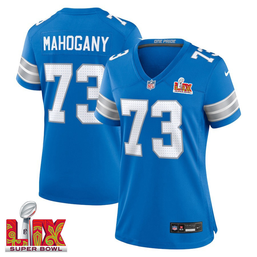 Christian Mahogany #73 Detroit Lions Super Bowl LIX Women's Jersey - Blue JS1339 nicesnker