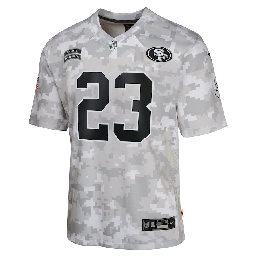 Alternative view of Christian McCaffrey 23 San Francisco 49ers 2024 Salute to Service Game YOUTH Jersey - Arctic Camo JS8325 nicesnker
