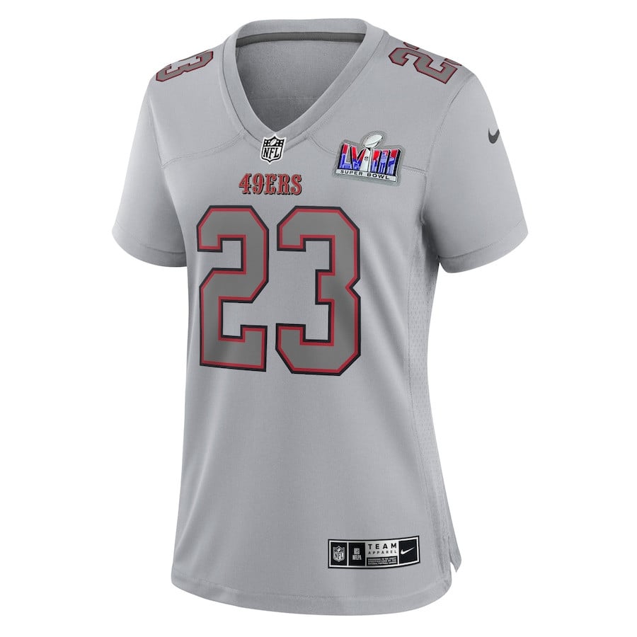 Alternative view of Christian McCaffrey 23 San Francisco 49ers Super Bowl LVIII Atmosphere Fashion Game Women Jersey - Gray JS4360 nicesnker