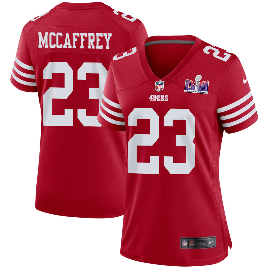 Christian McCaffrey 23 San Francisco 49ers Super Bowl LVIII Patch Game Women Jersey - Scarlet JS1417 nicesnker