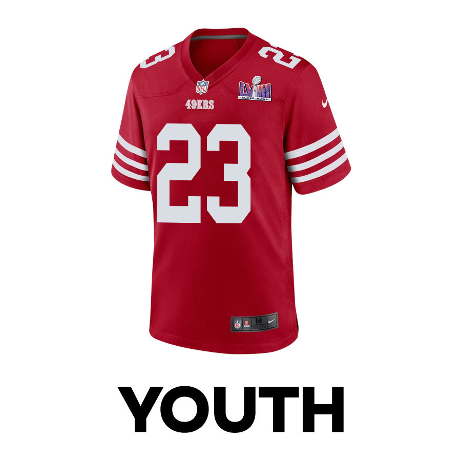 Alternative view of Christian McCaffrey 23 San Francisco 49ers Super Bowl LVIII Patch Game YOUTH Jersey - Scarlet JS2332 nicesnker