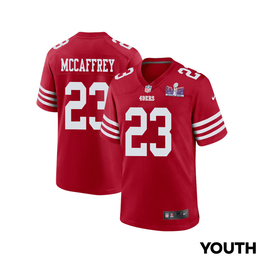 Christian McCaffrey 23 San Francisco 49ers Super Bowl LVIII Patch Game YOUTH Jersey - Scarlet JS2332 nicesnker