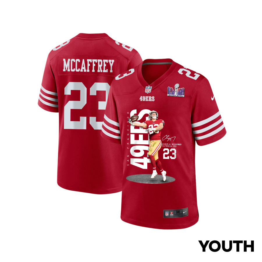 Christian McCaffrey 23 San Francisco 49ers Throwing Ball Game YOUTH Jersey - Scarlet JS7191 nicesnker