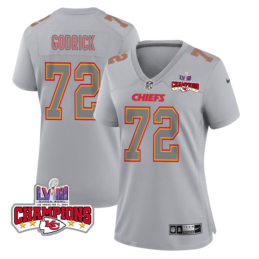 Chukwuebuka Godrick 72 Kansas City Chiefs Super Bowl LVIII Champions 4 Stars Patch Atmosphere Fashion Game Women Jersey - Gray JS7559 nicesnker