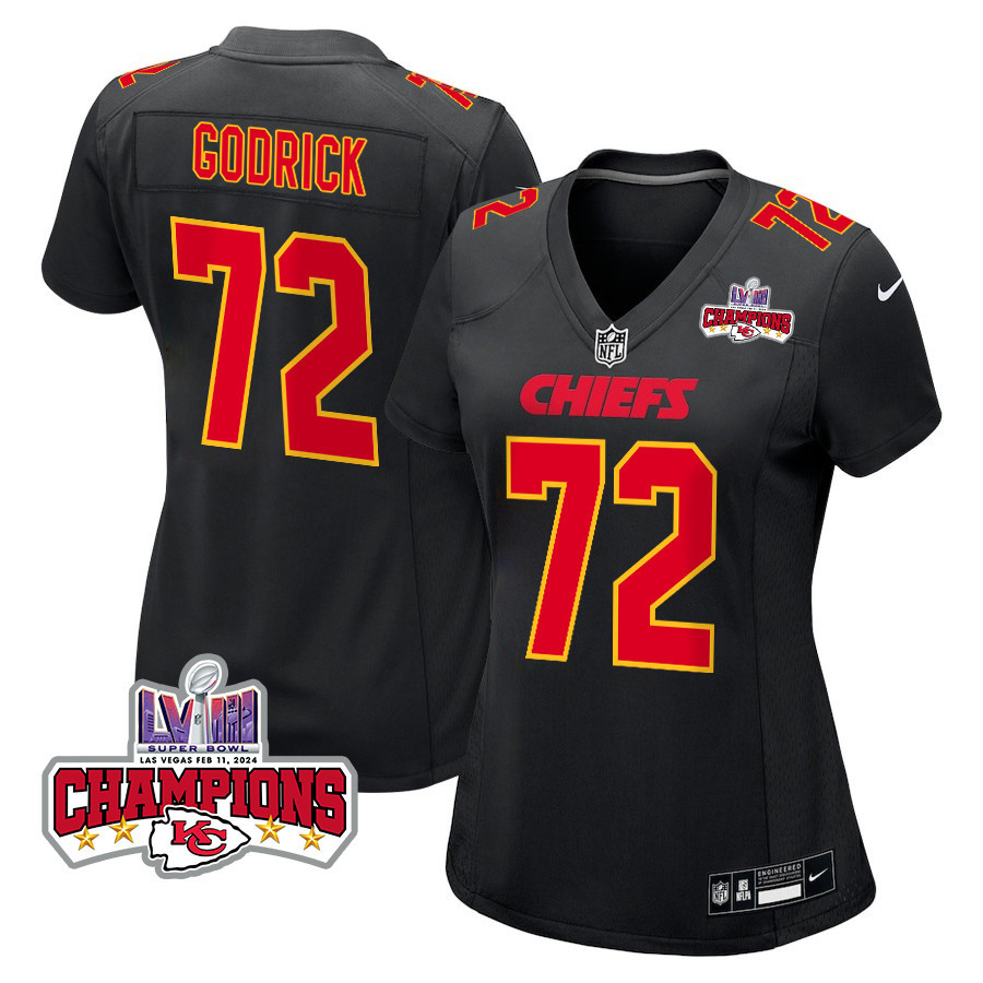 Chukwuebuka Godrick 72 Kansas City Chiefs Super Bowl LVIII Champions 4 Stars Patch Fashion Game Women Jersey - Carbon Black JS5398 nicesnker
