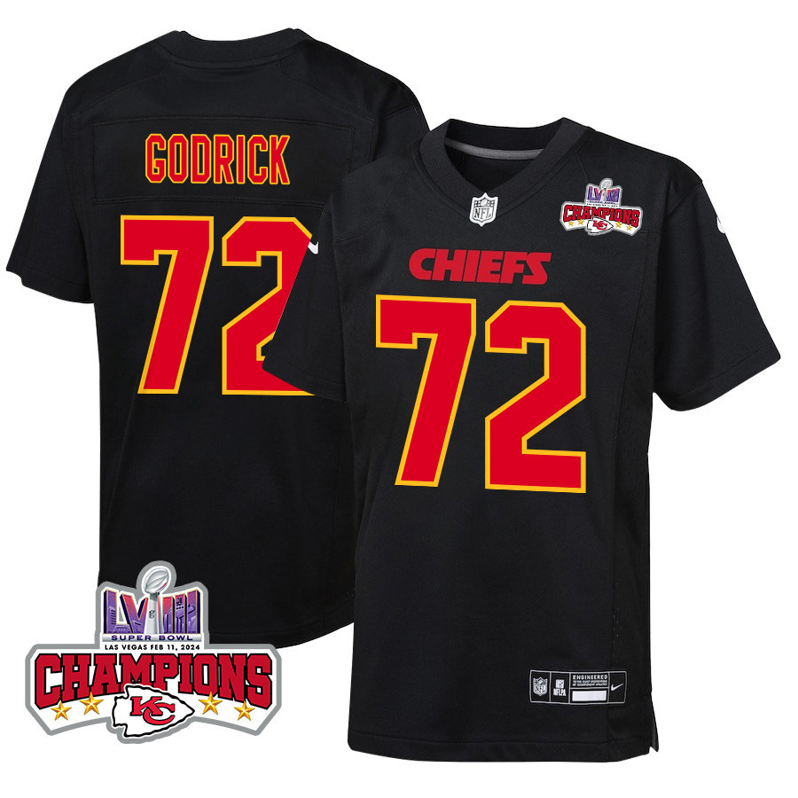 Chukwuebuka Godrick 72 Kansas City Chiefs Super Bowl LVIII Champions 4 Stars Patch Fashion Game YOUTH Jersey - Carbon Black JS8797 nicesnker