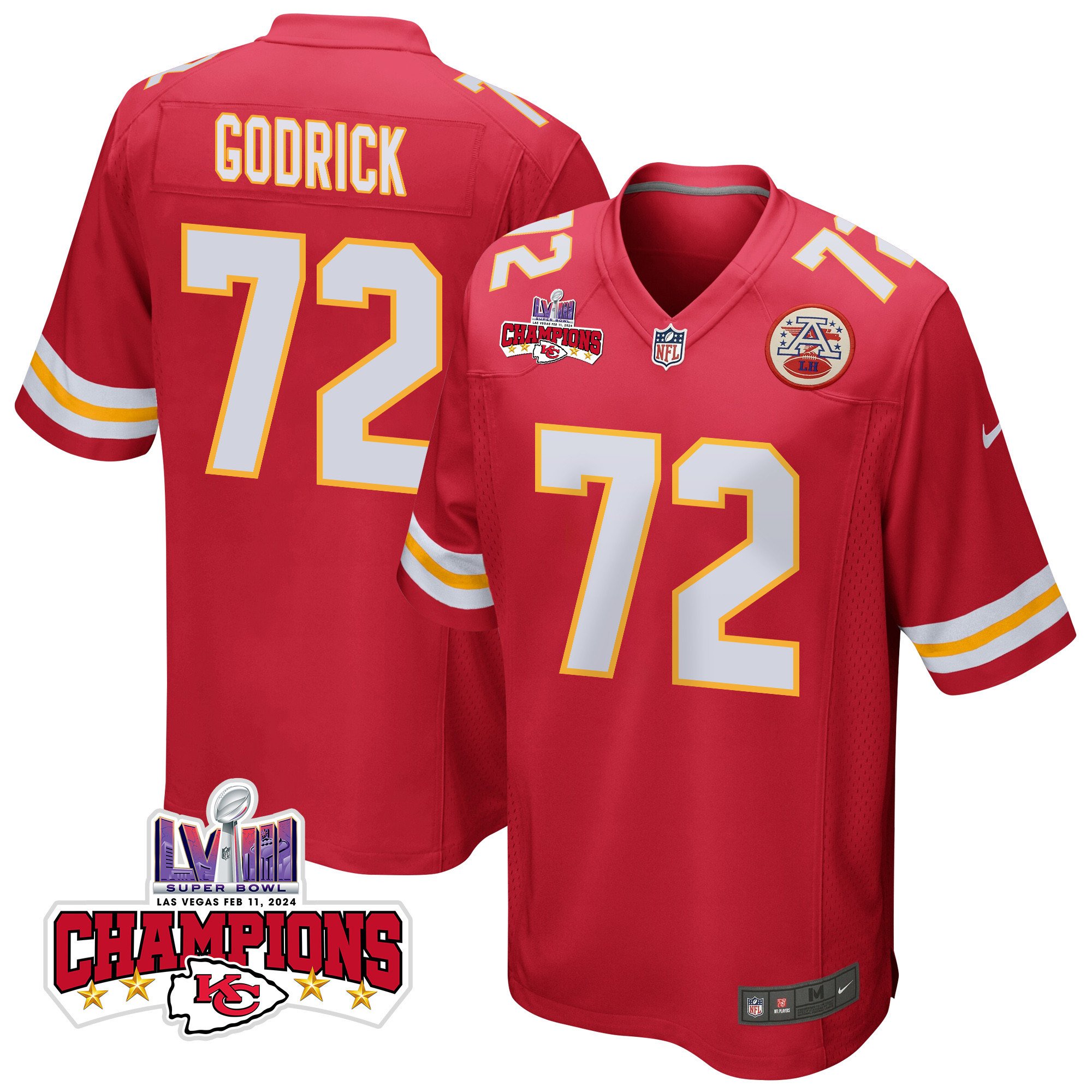 Chukwuebuka Godrick 72 Kansas City Chiefs Super Bowl LVIII Champions 4 Stars Patch Game Men Jersey - Red JS1923 nicesnker