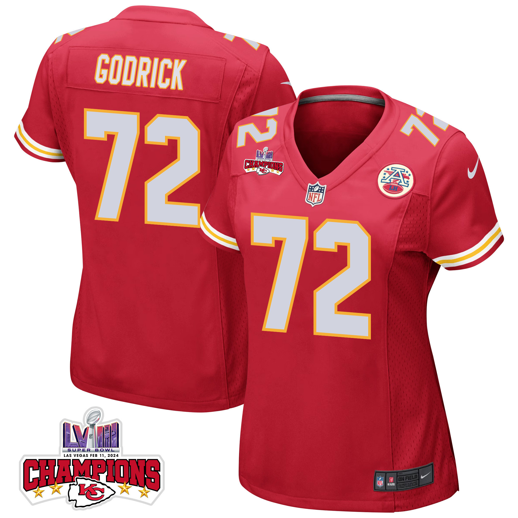 Chukwuebuka Godrick 72 Kansas City Chiefs Super Bowl LVIII Champions 4 Stars Patch Game Women Jersey - Red JS6612 nicesnker
