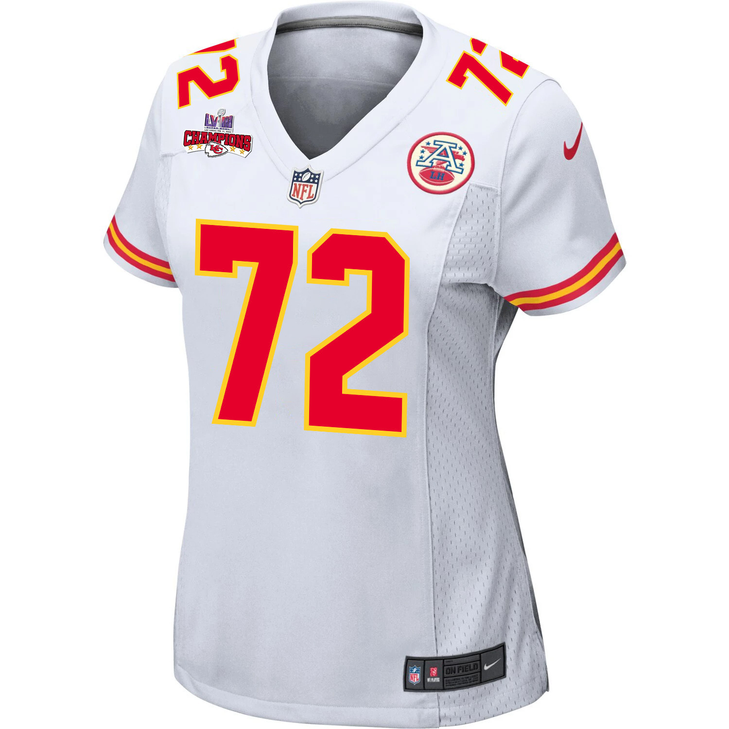 Alternative view of Chukwuebuka Godrick 72 Kansas City Chiefs Super Bowl LVIII Champions 4 Stars Patch Game Women Jersey - White JS7871 nicesnker