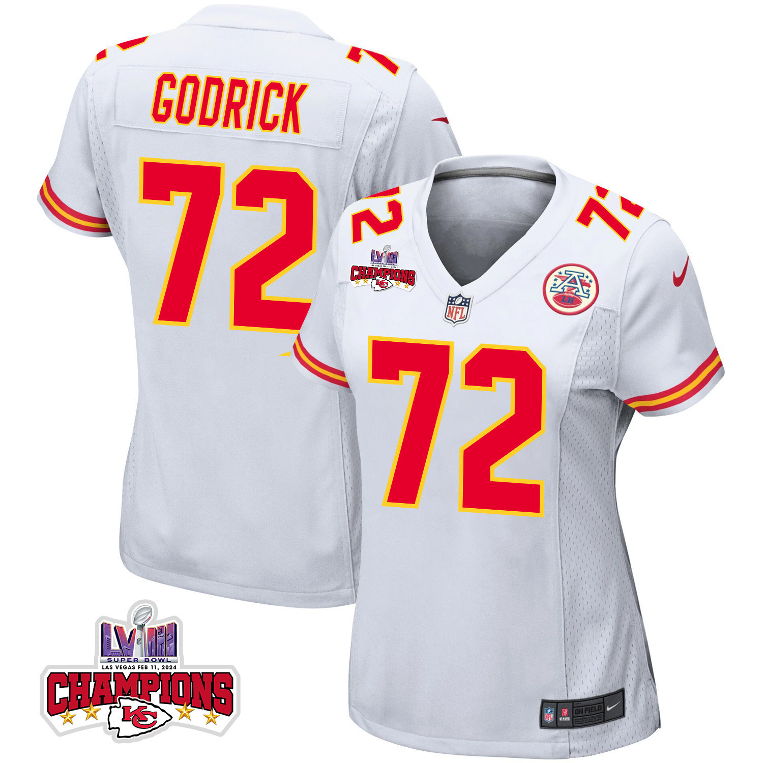 Chukwuebuka Godrick 72 Kansas City Chiefs Super Bowl LVIII Champions 4 Stars Patch Game Women Jersey - White JS7871 nicesnker