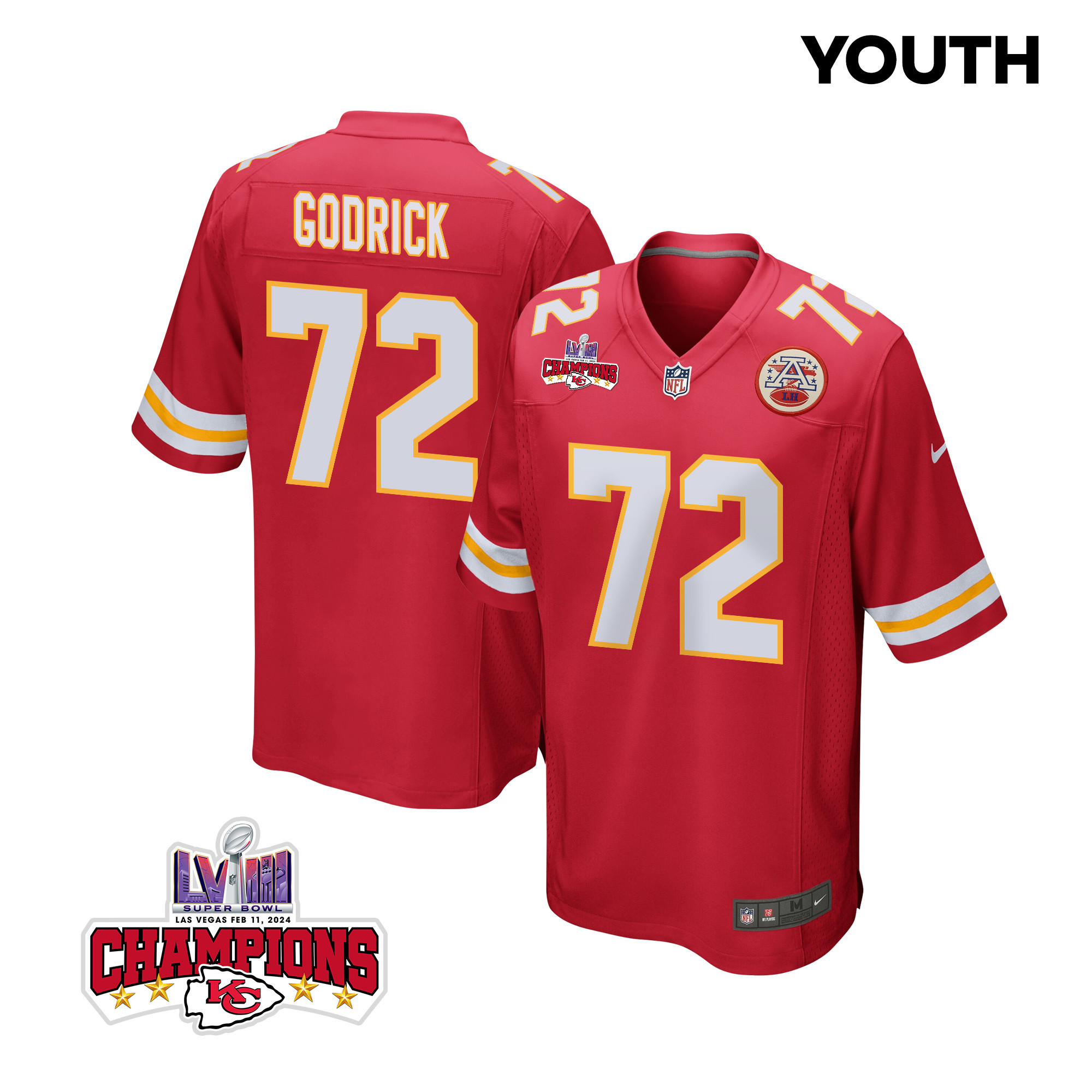 Chukwuebuka Godrick 72 Kansas City Chiefs Super Bowl LVIII Champions 4 Stars Patch Game YOUTH Jersey - Red JS7581 nicesnker
