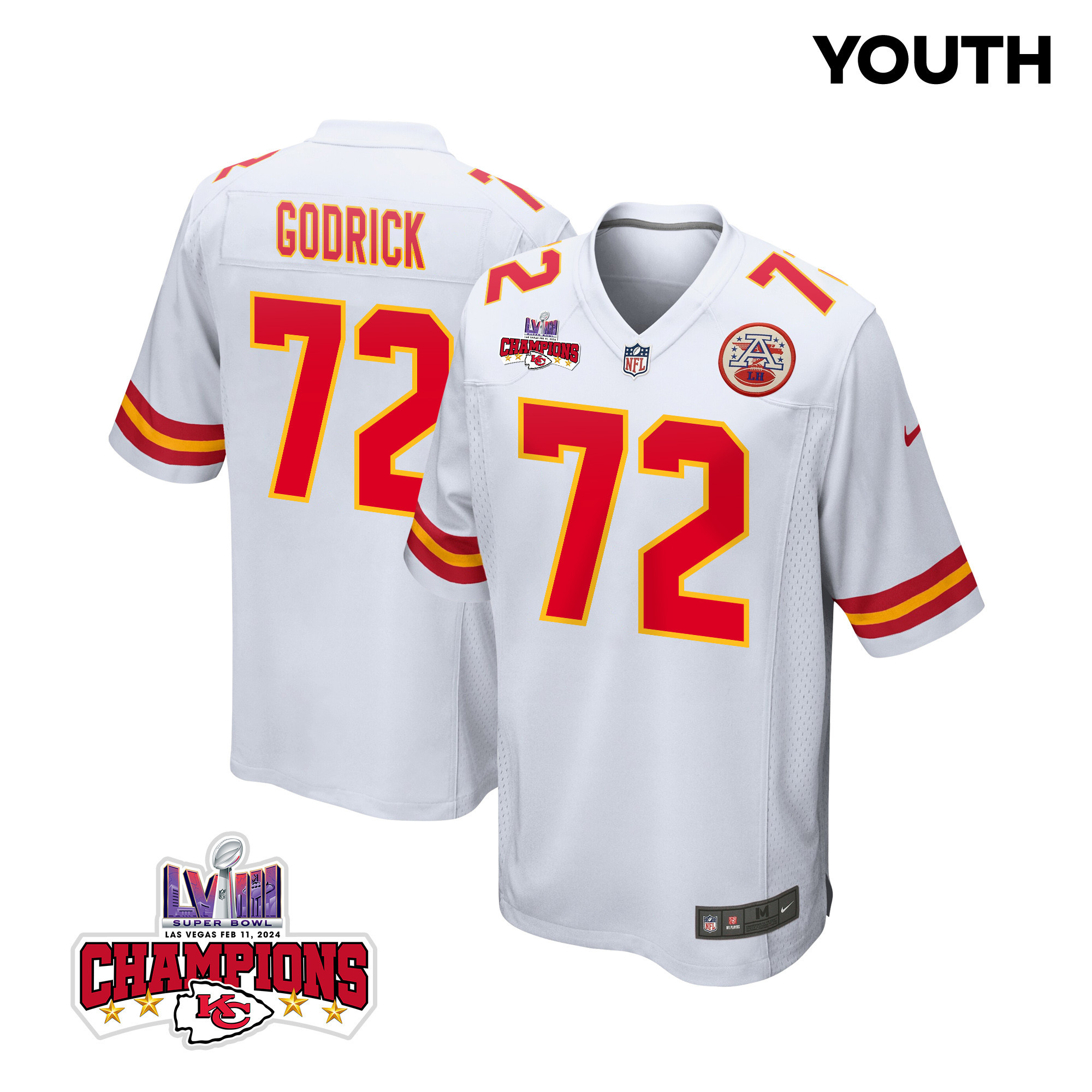 Chukwuebuka Godrick 72 Kansas City Chiefs Super Bowl LVIII Champions 4 Stars Patch Game YOUTH Jersey - White JS3959 nicesnker