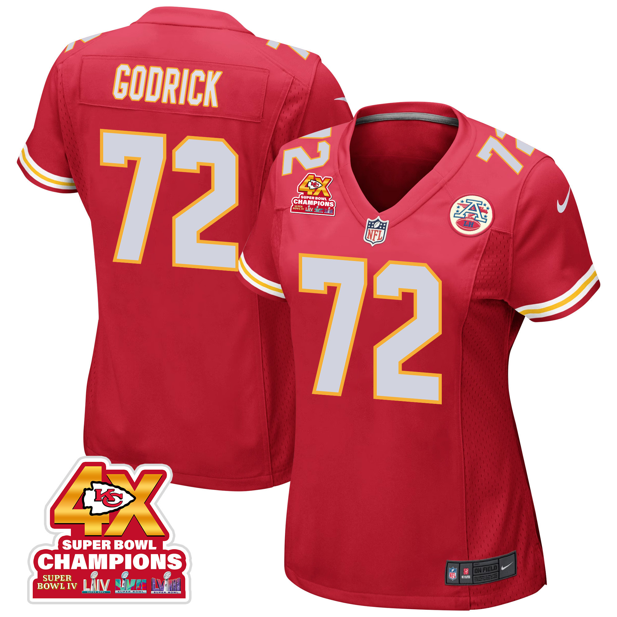 Chukwuebuka Godrick 72 Kansas City Chiefs Super Bowl LVIII Champions 4X Game Women Jersey - Red JS4658 nicesnker