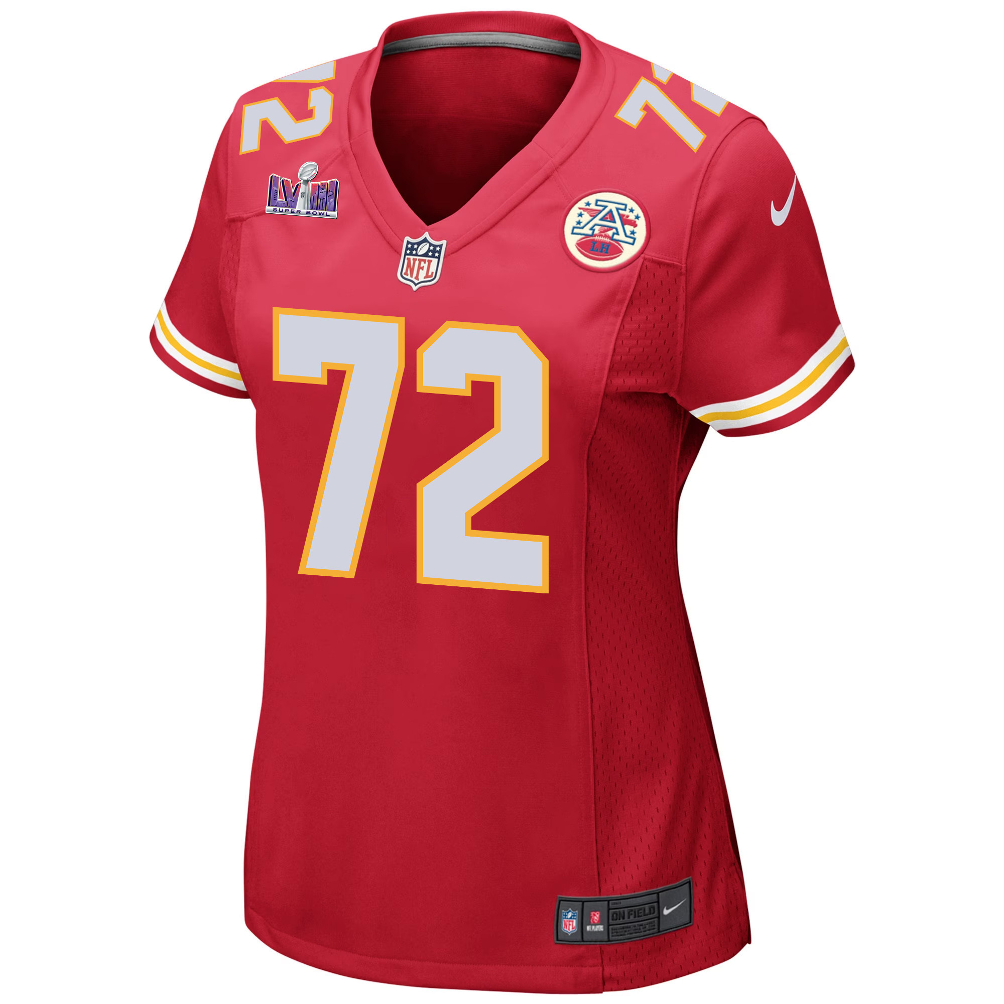 Alternative view of Chukwuebuka Godrick 72 Kansas City Chiefs Super Bowl LVIII Patch Game Women Jersey - Red JS8394 nicesnker