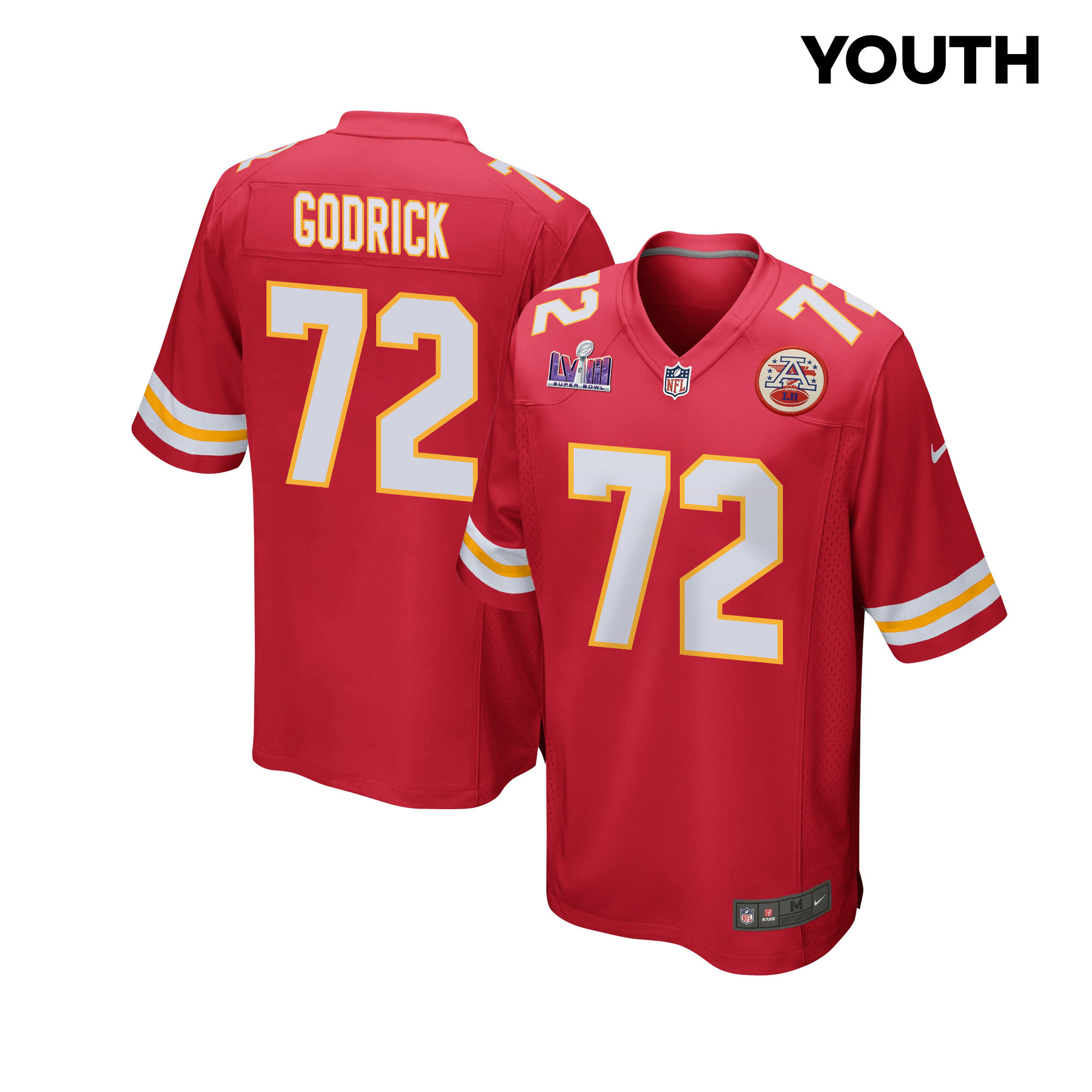 Chukwuebuka Godrick 72 Kansas City Chiefs Super Bowl LVIII Patch Game YOUTH Jersey - Red JS8555 nicesnker