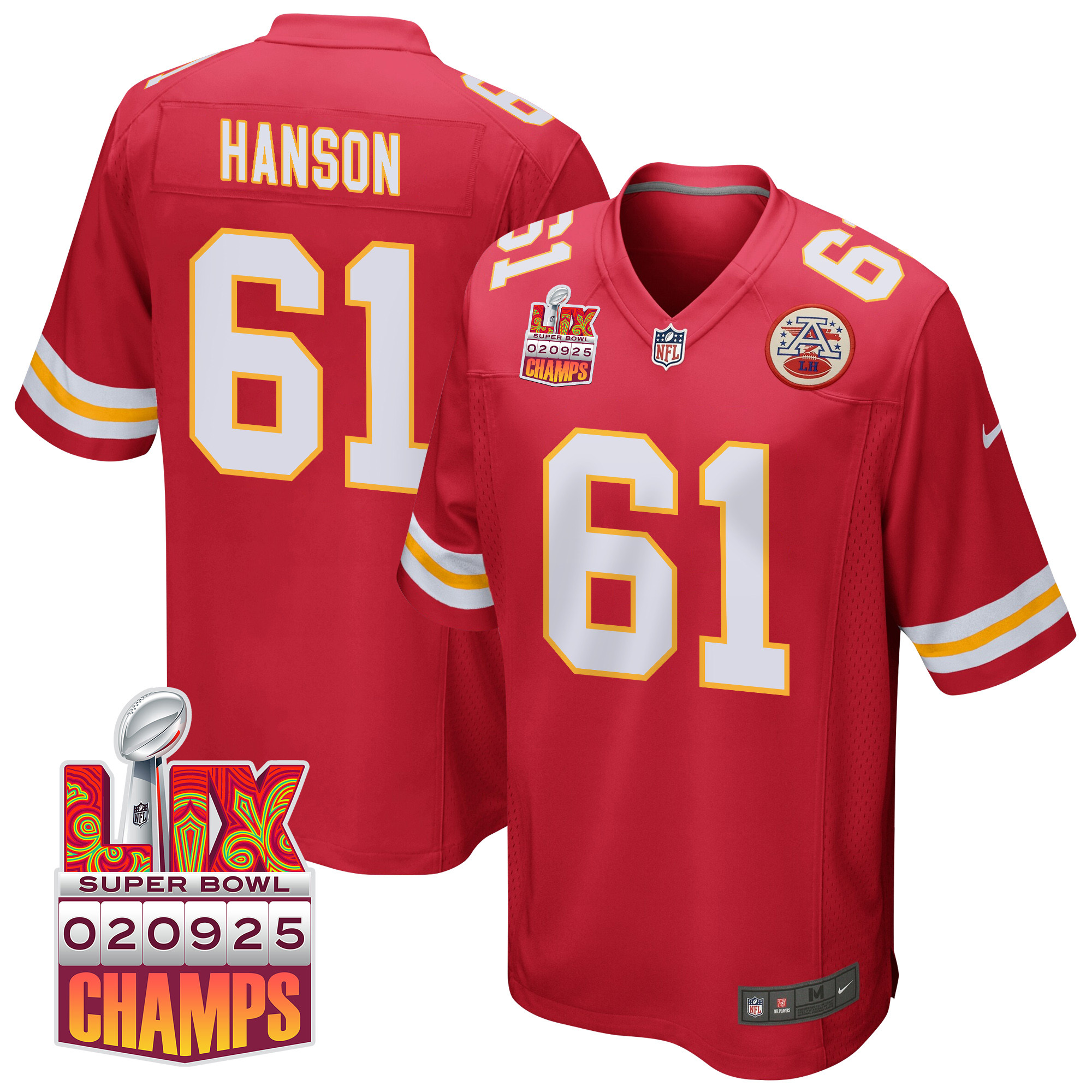 C.J. Hanson 61 Kansas City Chiefs Super Bowl LIX Champions Patch Game Men Jersey - Red JS7592 nicesnker