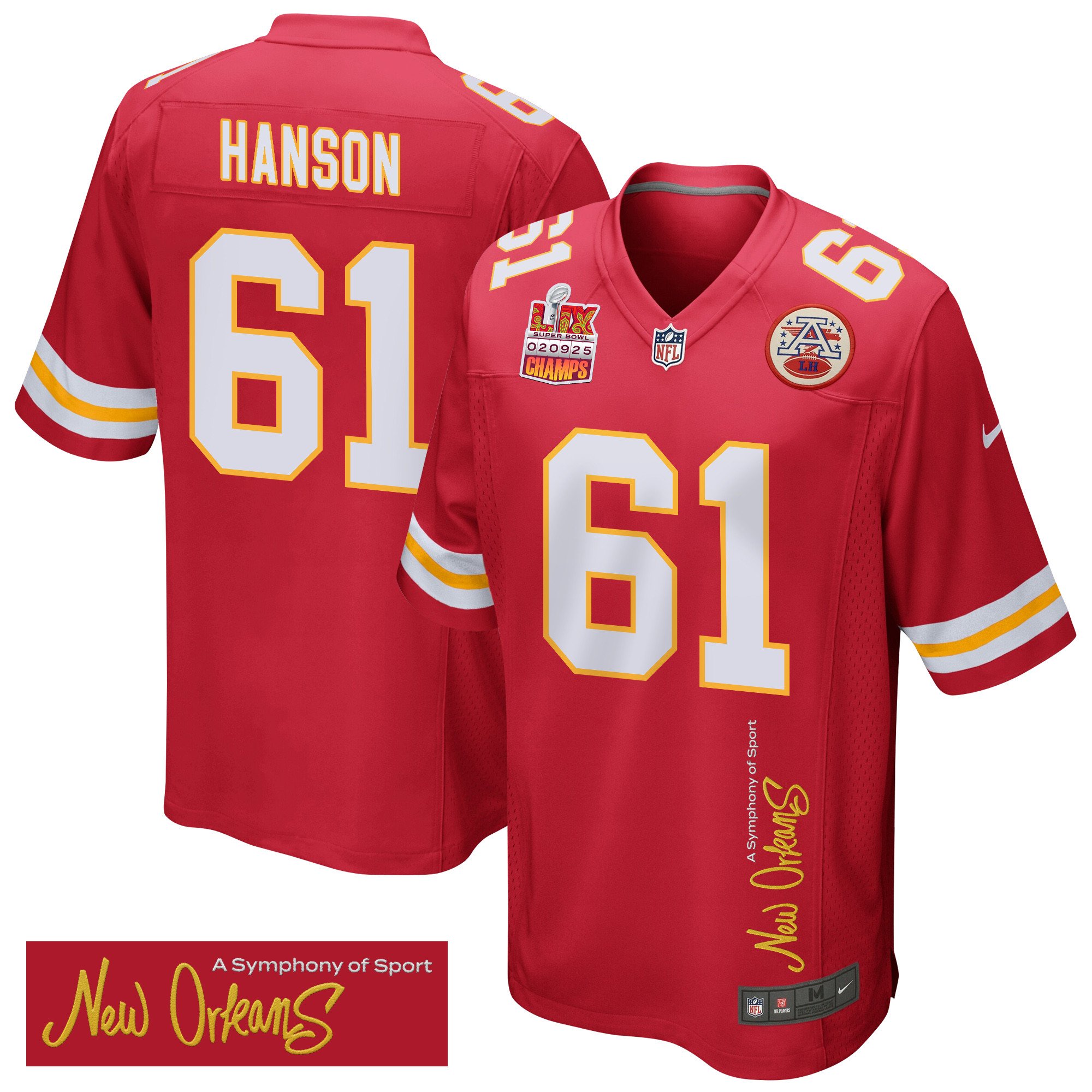 C.J. Hanson 61 Kansas City Chiefs Super Bowl LIX Champions Patch 'New Orleans - A Symphony of Sport' EMBROIDERED Game Men Jersey - Red JS3671 nicesnker